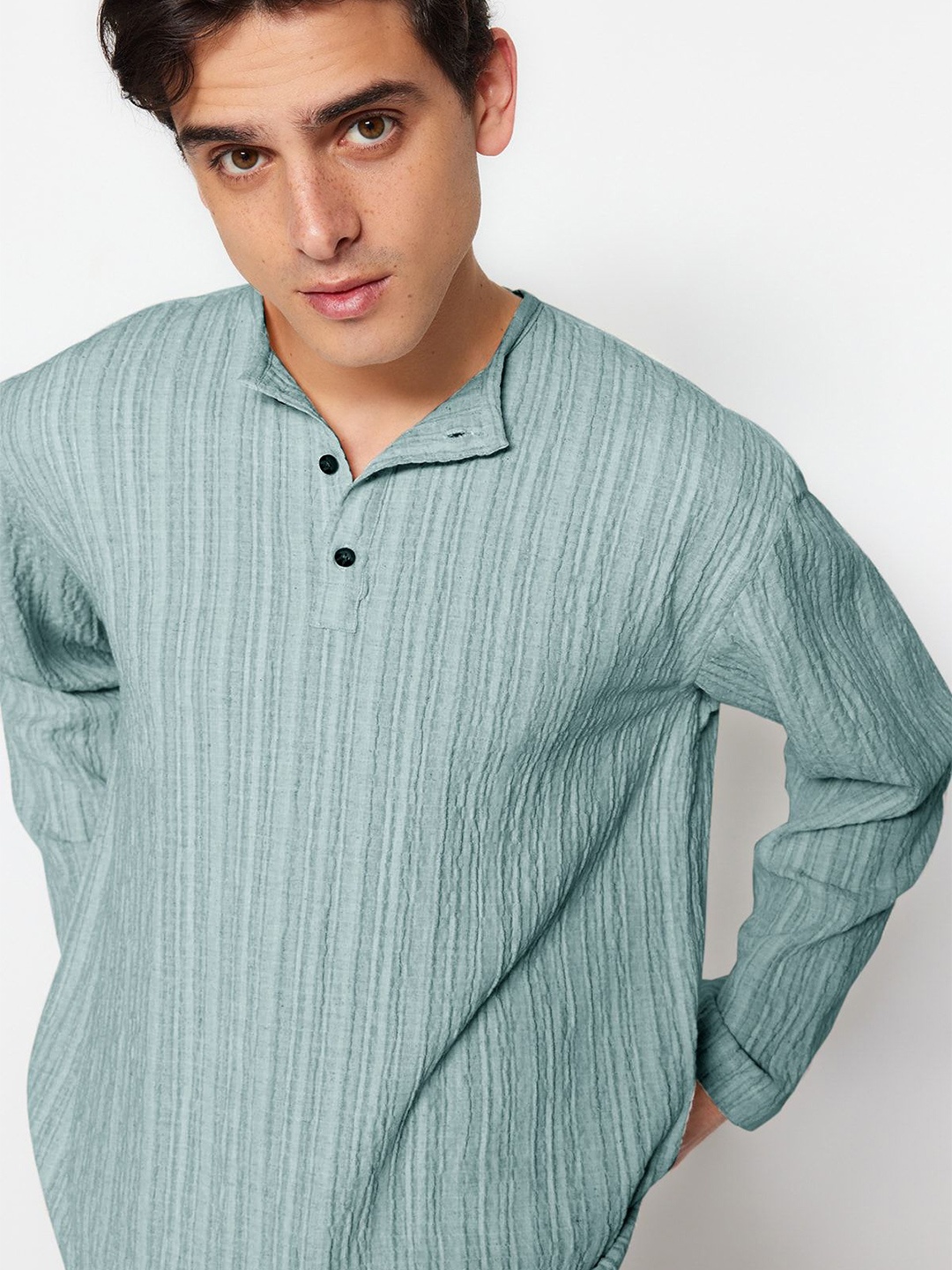 

Trendyol Men Collarless Textured Cotton Casual Shirt, Green