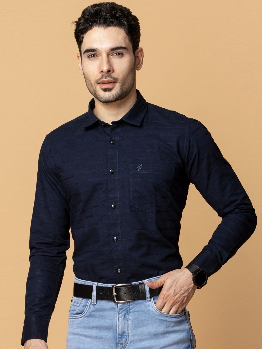 

Berkshire Men Comfort Spread Collar Solid Cotton Slim Fit Casual Shirt, Blue