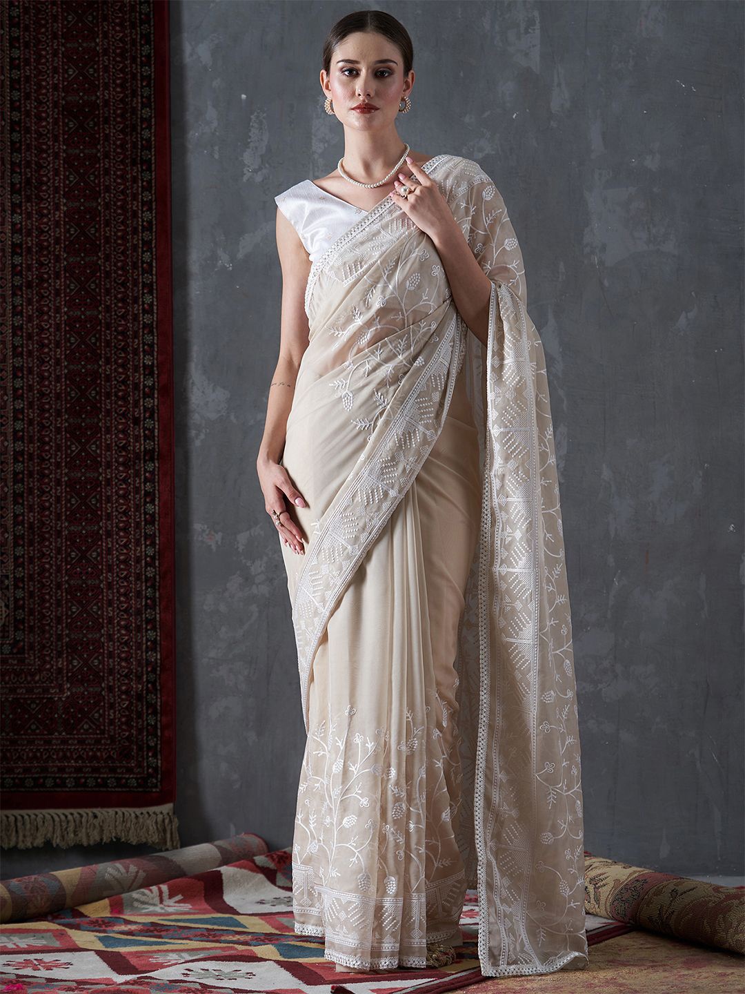 

KALINI Floral Embroidered Organza Saree, Cream