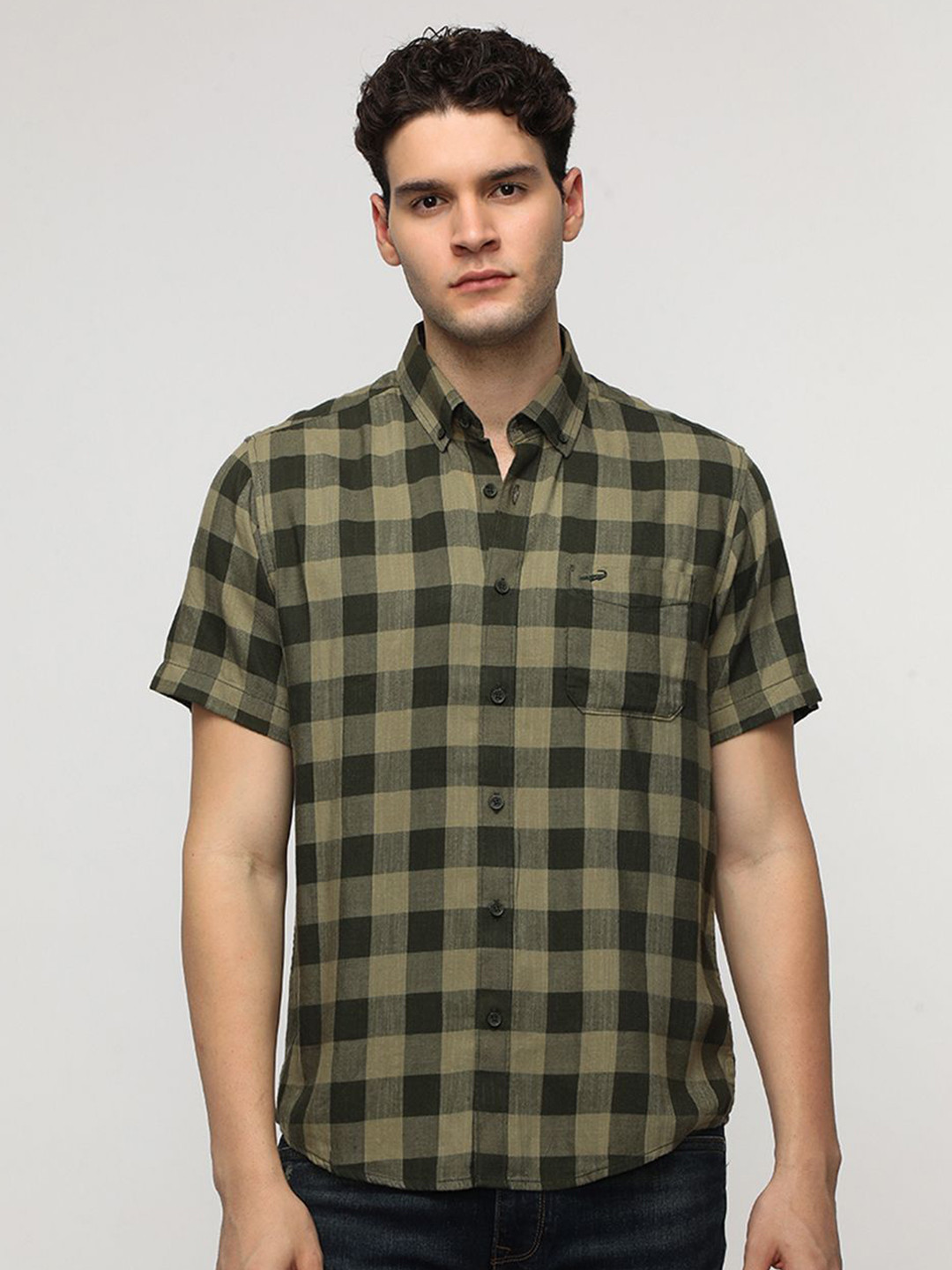 

Crocodile Comfort Buffalo Checks Button Down Collar Casual Shirt, Green