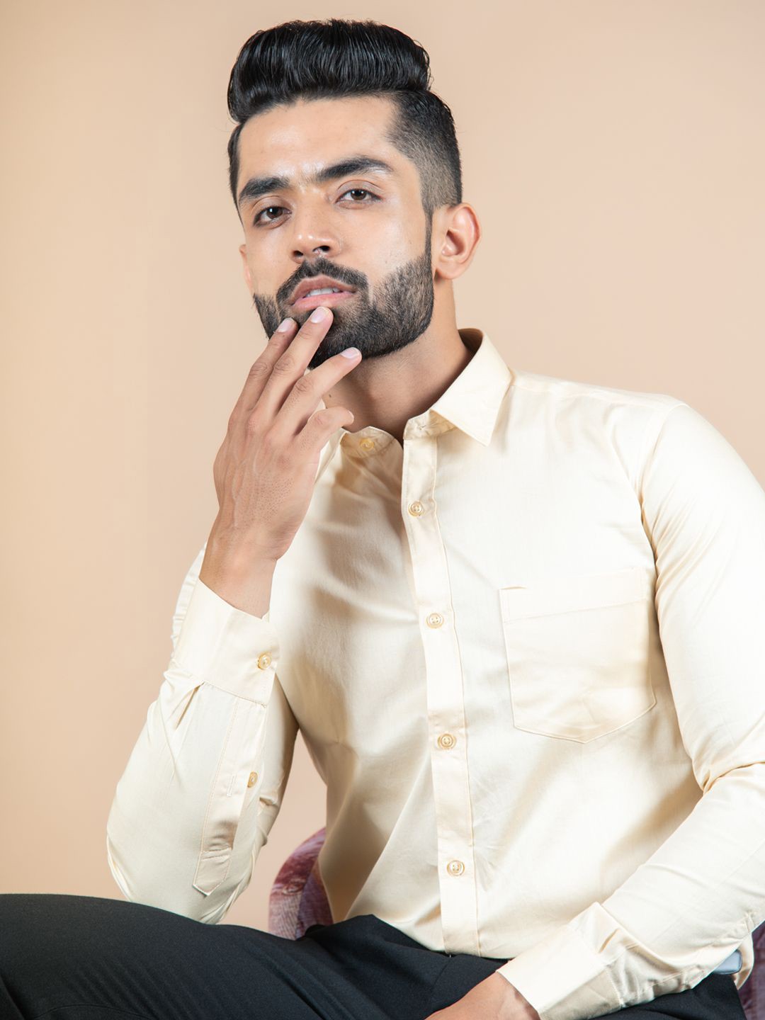 

Tistabene Men Standard Spread Collar Solid Cotton Formal Shirt, Beige