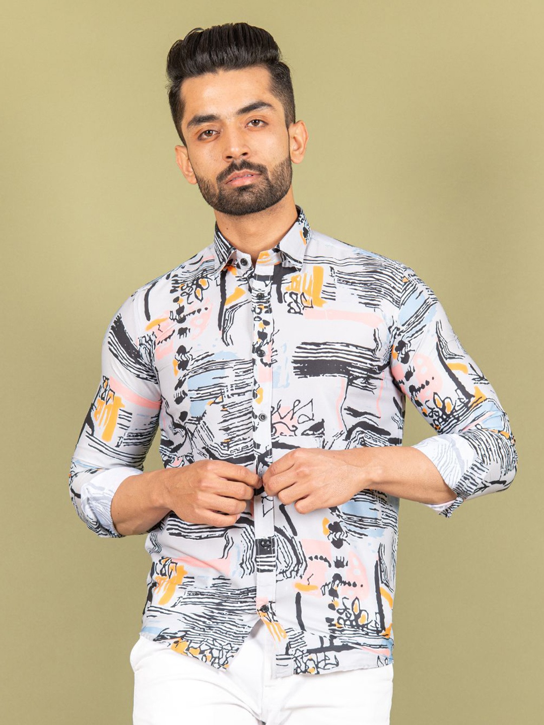 

Tistabene Men Standard Spread Collar Abstract Printed Crepe Casual Shirt, Grey