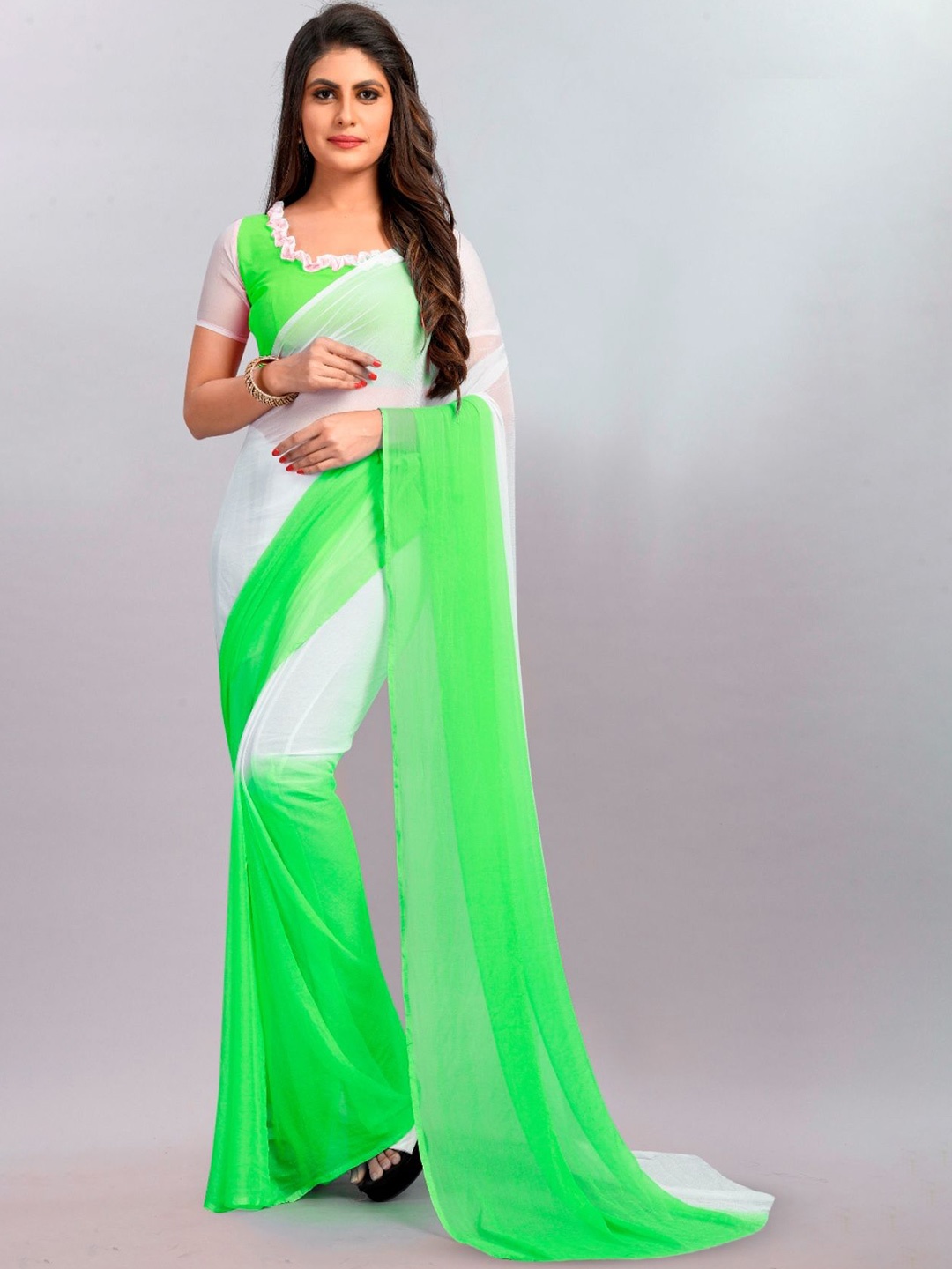 

Aika Pure Chiffon solid Half and Half Saree with blouse piece, Green