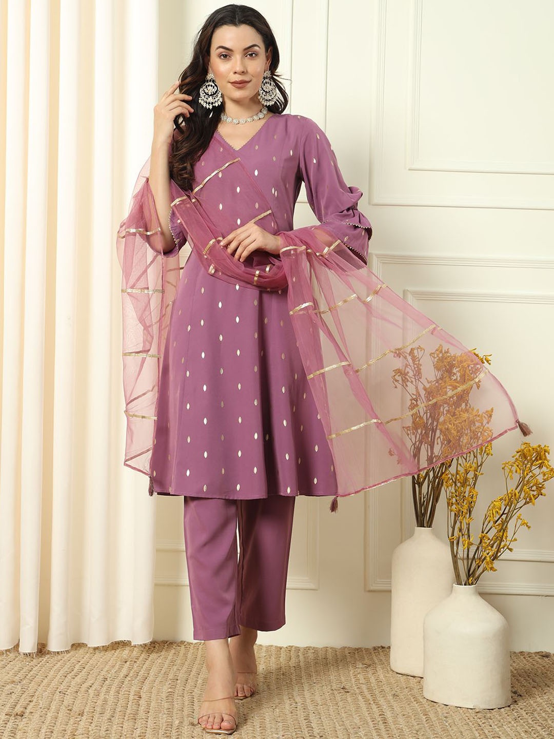 

FIORRA Ethnic Motifs Printed V-Neck Gotta Patti A-Line Kurta With Trousers & Dupatta, Lavender