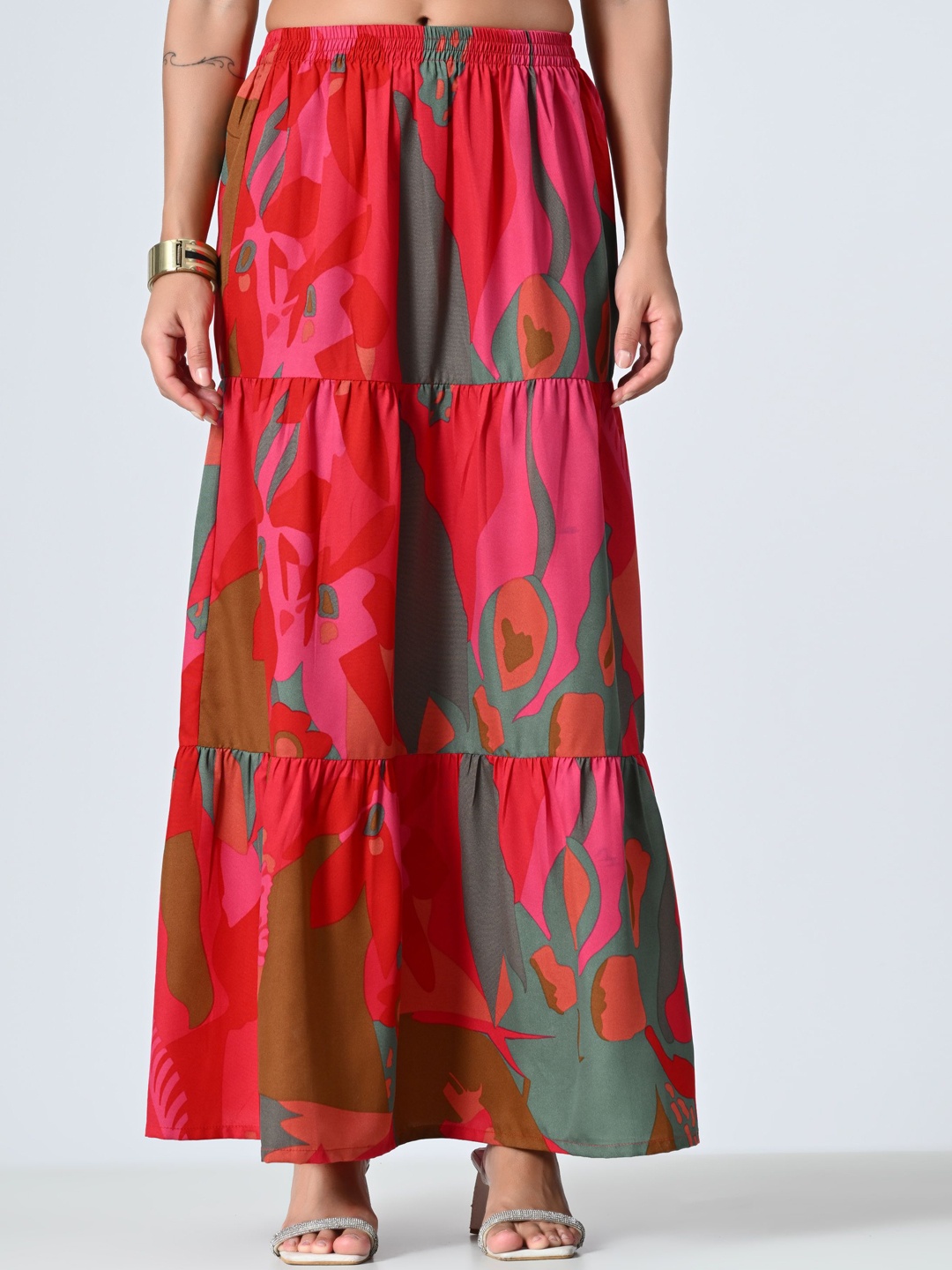 

ALL WAYS YOU Tie Dye Printed Tiered Maxi Skirt, Red