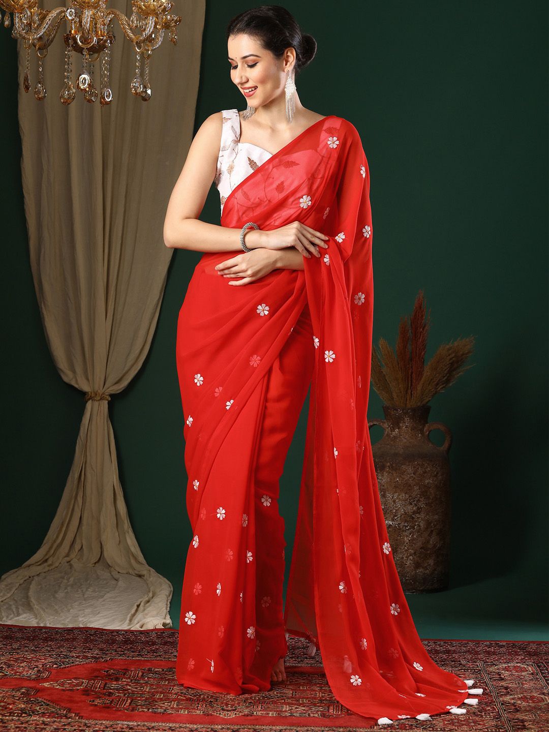 

KALINI Floral Embroidered Saree, Red