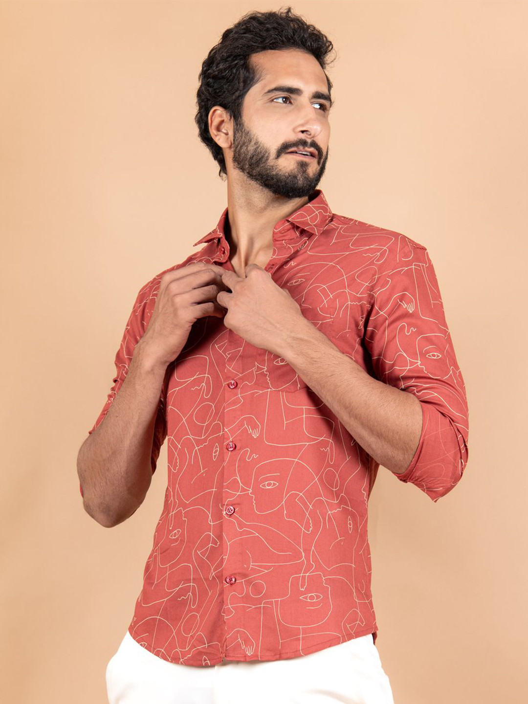 

Tistabene Men Standard Spread Collar Abstract Printed Cotton Casual Shirt, Red