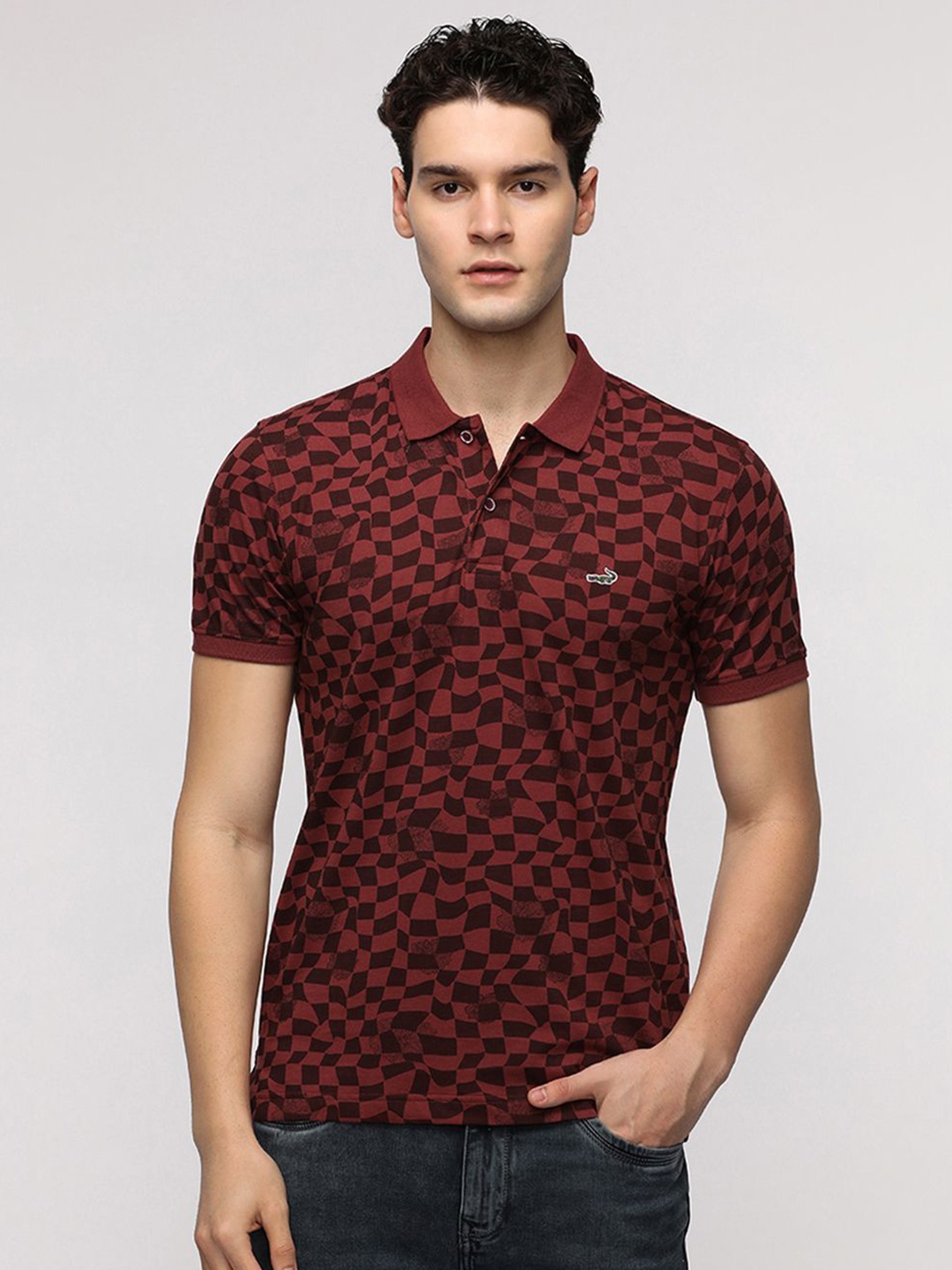 

Crocodile Men Checked Polo Collar Pure Cotton Slim Fit T-Shirt, Red