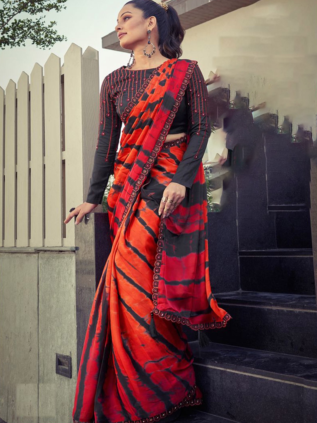 

Nimayaa Tie and Dye Sequinned Poly Crepe Saree, Orange