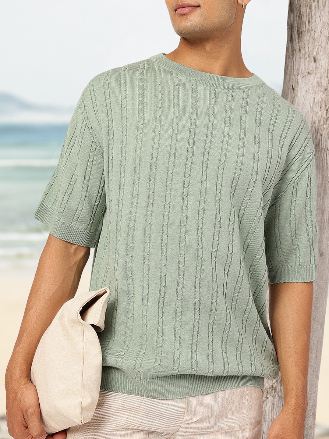 

Kook N Keech Sage Haze Open Knit Striped Oversized T-shirt, Green