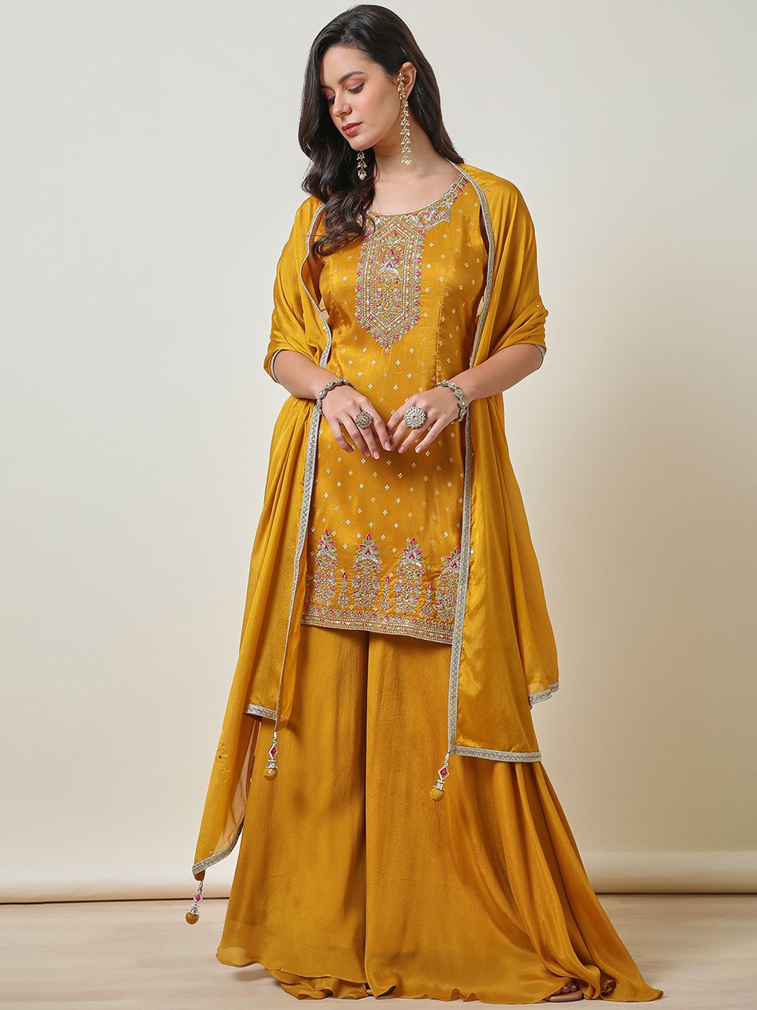 

Soch Embroidered Zari Straight Kurti with Palazzos & Dupatta, Mustard