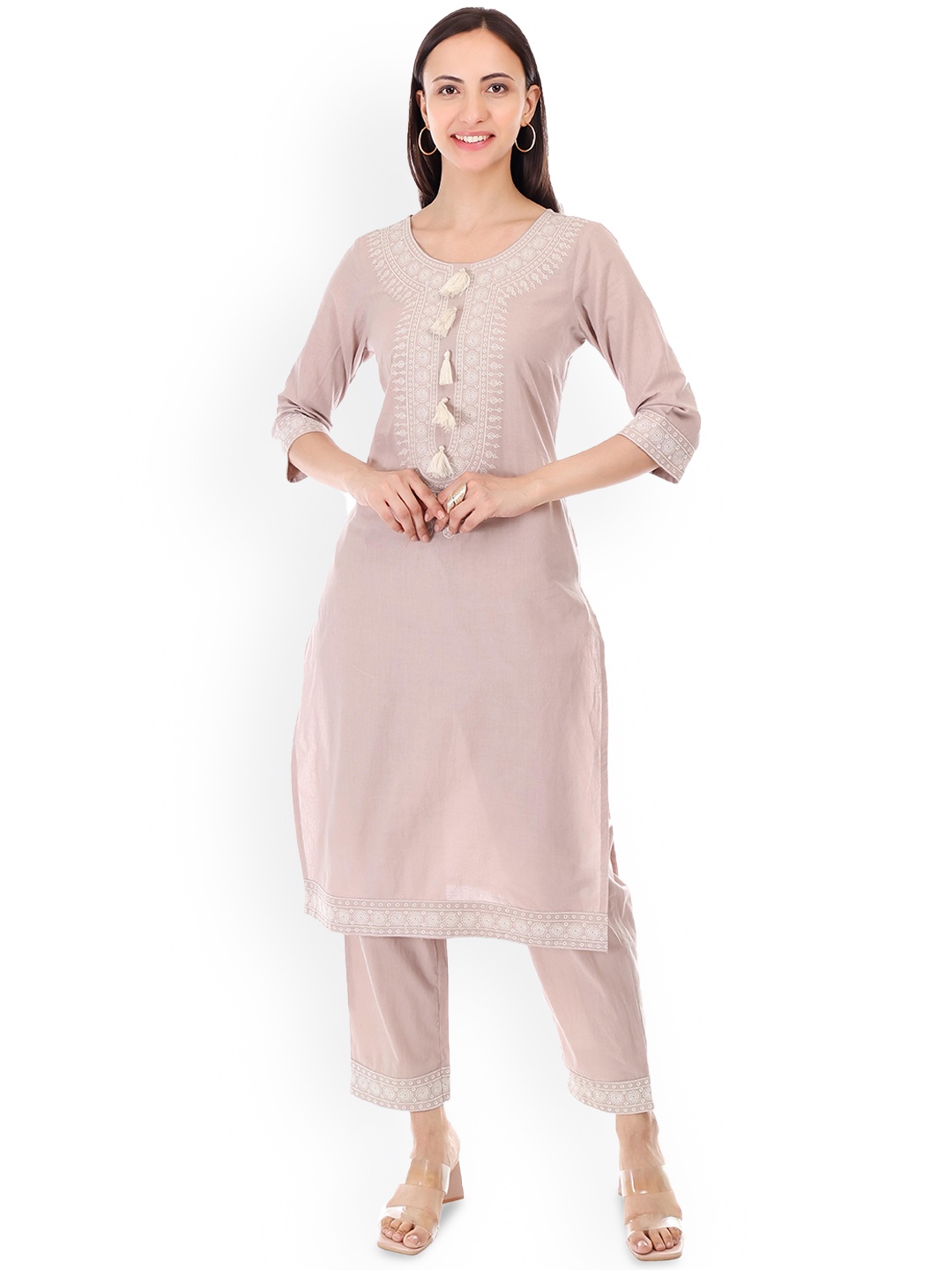 

GRIVA Floral Embroidered Thread Work Pure Cotton Straight Kurta With Trousers, Pink
