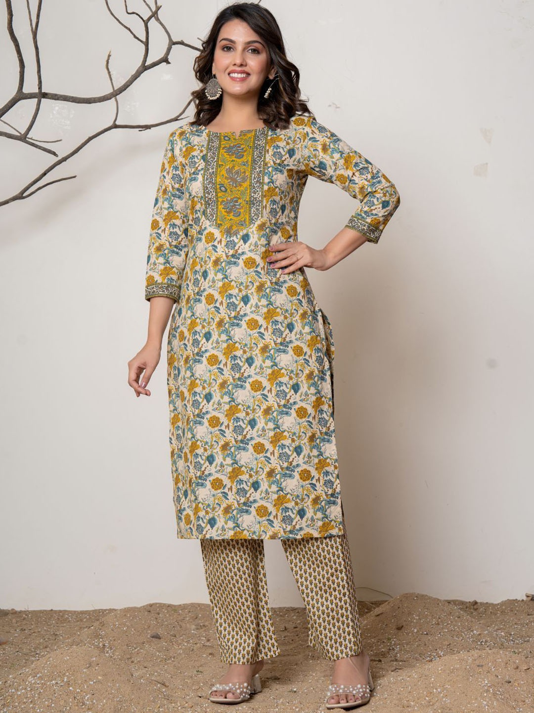 

VEDANA Floral Printed Pure Cotton Straight Kurta with Trousers, Mustard