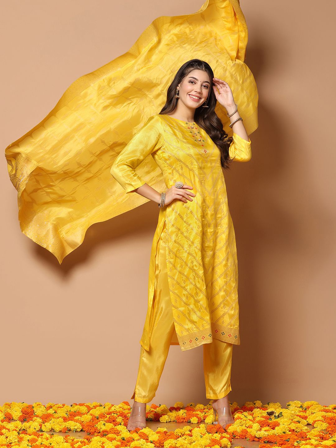 

BAESD Woven Design Kurta With Trousers & Dupatta, Yellow