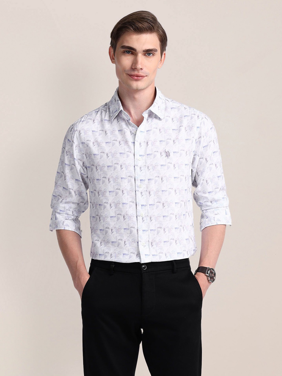 

U.S. Polo Assn. Men Modern Spread Collar Abstract Printed Cotton Slim Fit Casual Shirt, White