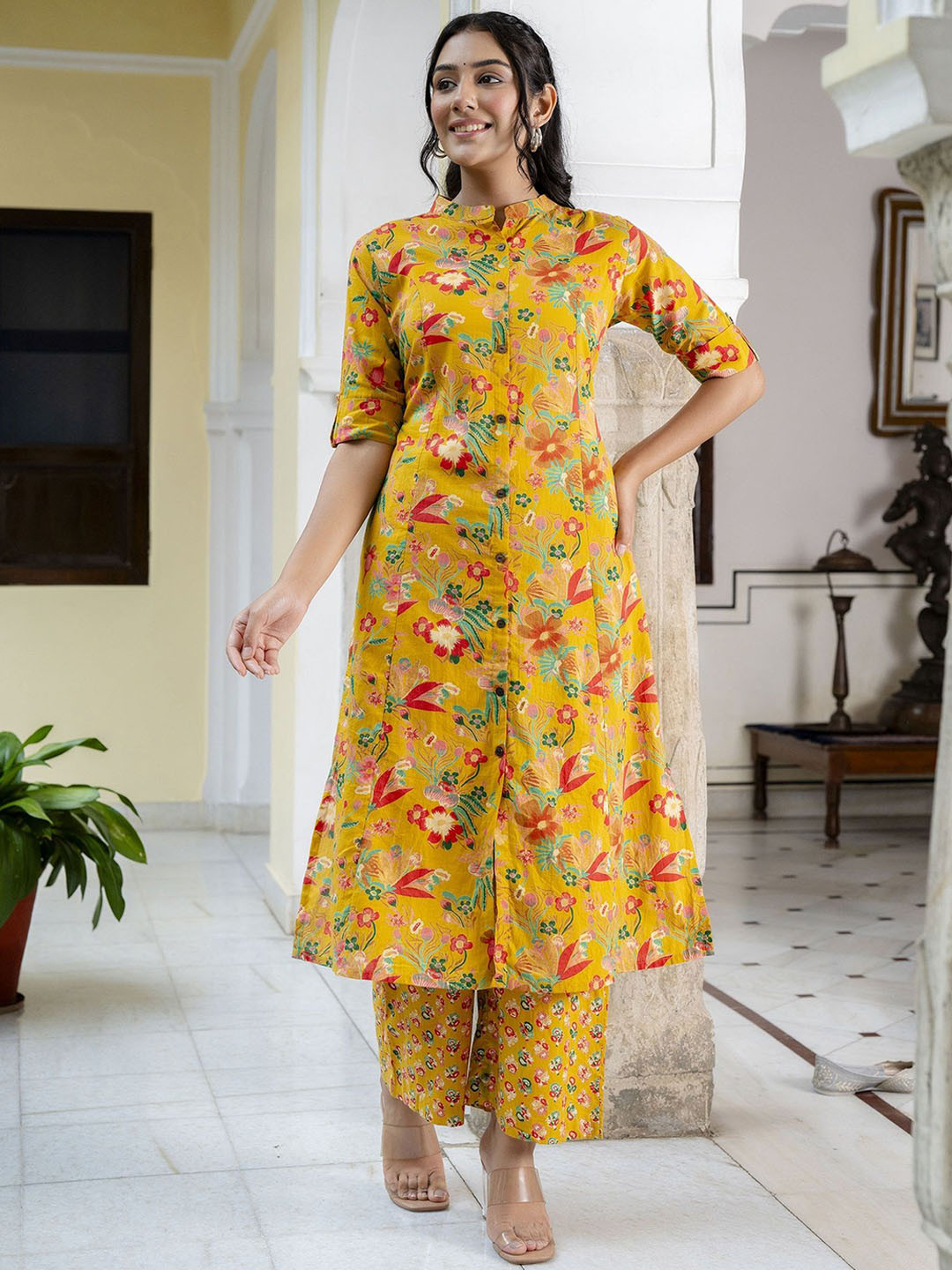 

HIVDO Floral Printed Band Collar Pure Cotton Straight Kurta with Trousers, Yellow