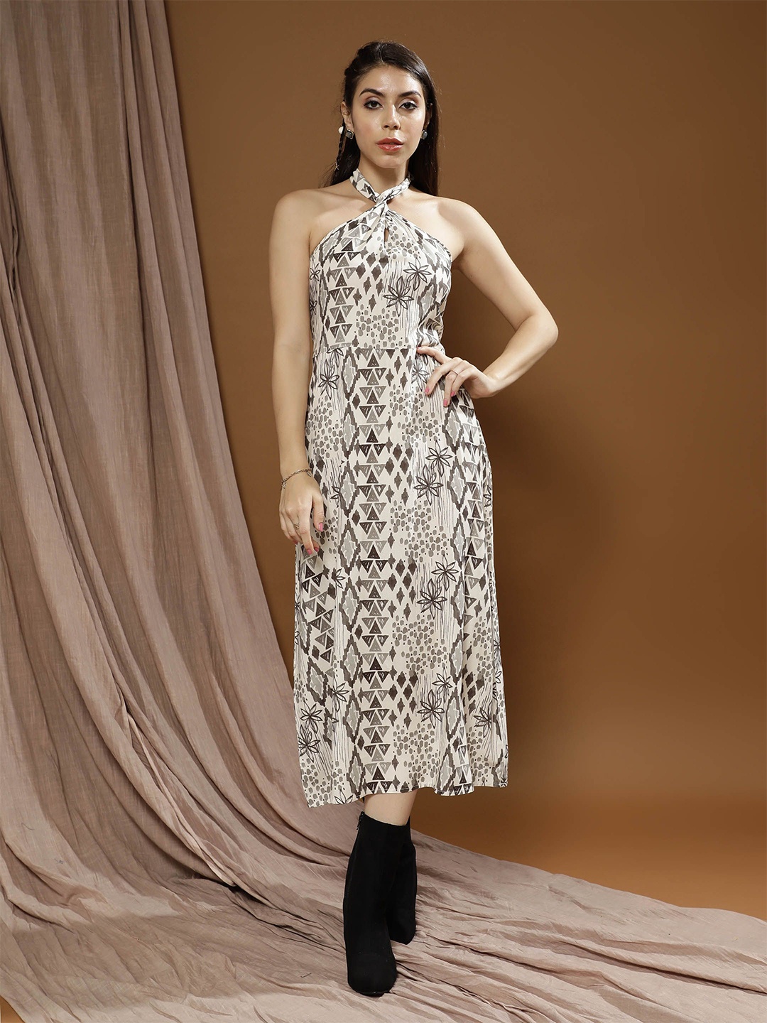 

Boho By Athena Bohemian Women Print Halter Neck A-Line Midi Dress, Brown