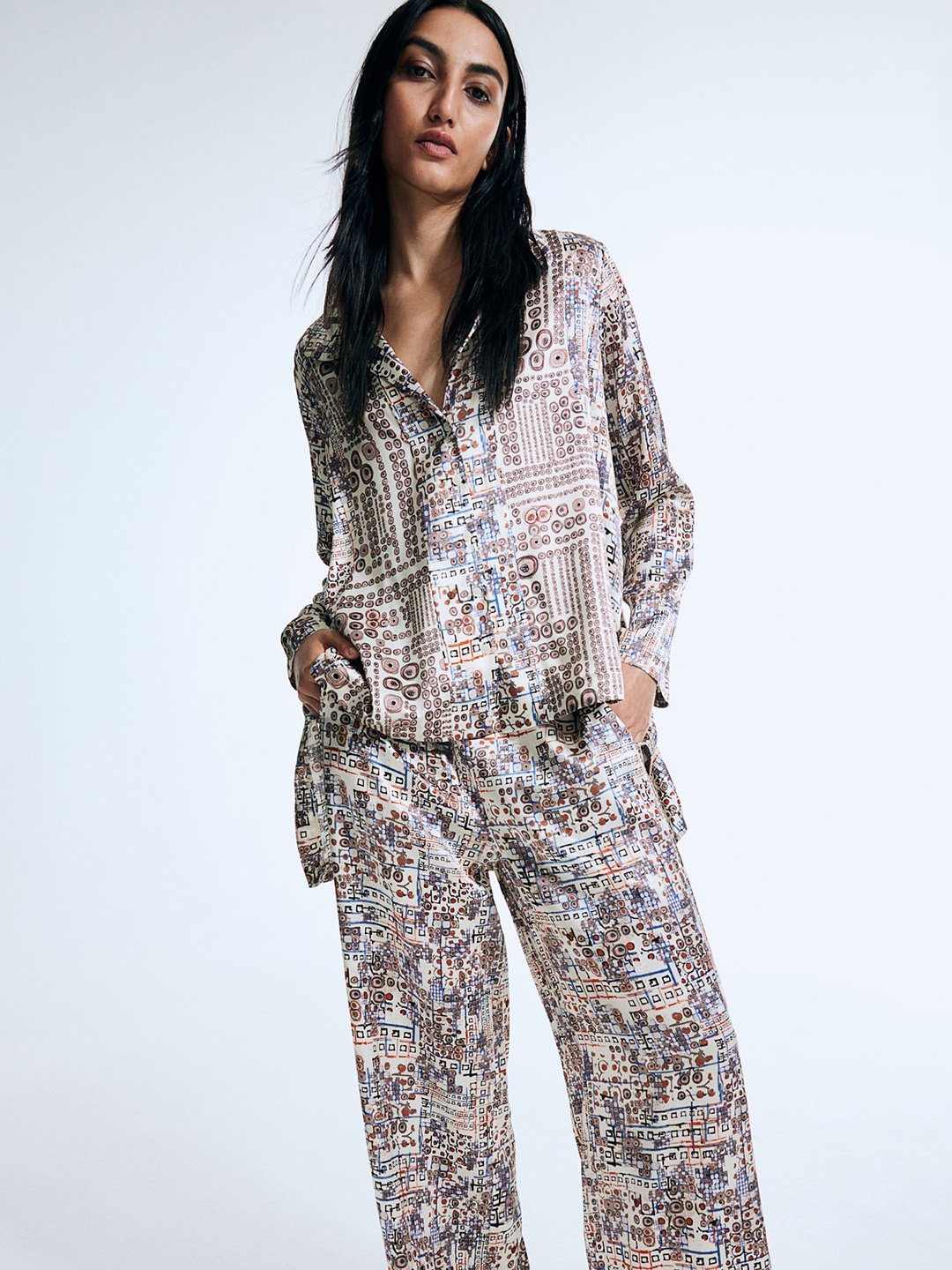 

H&M Graphic Print Silk Pyjama Bottoms, White