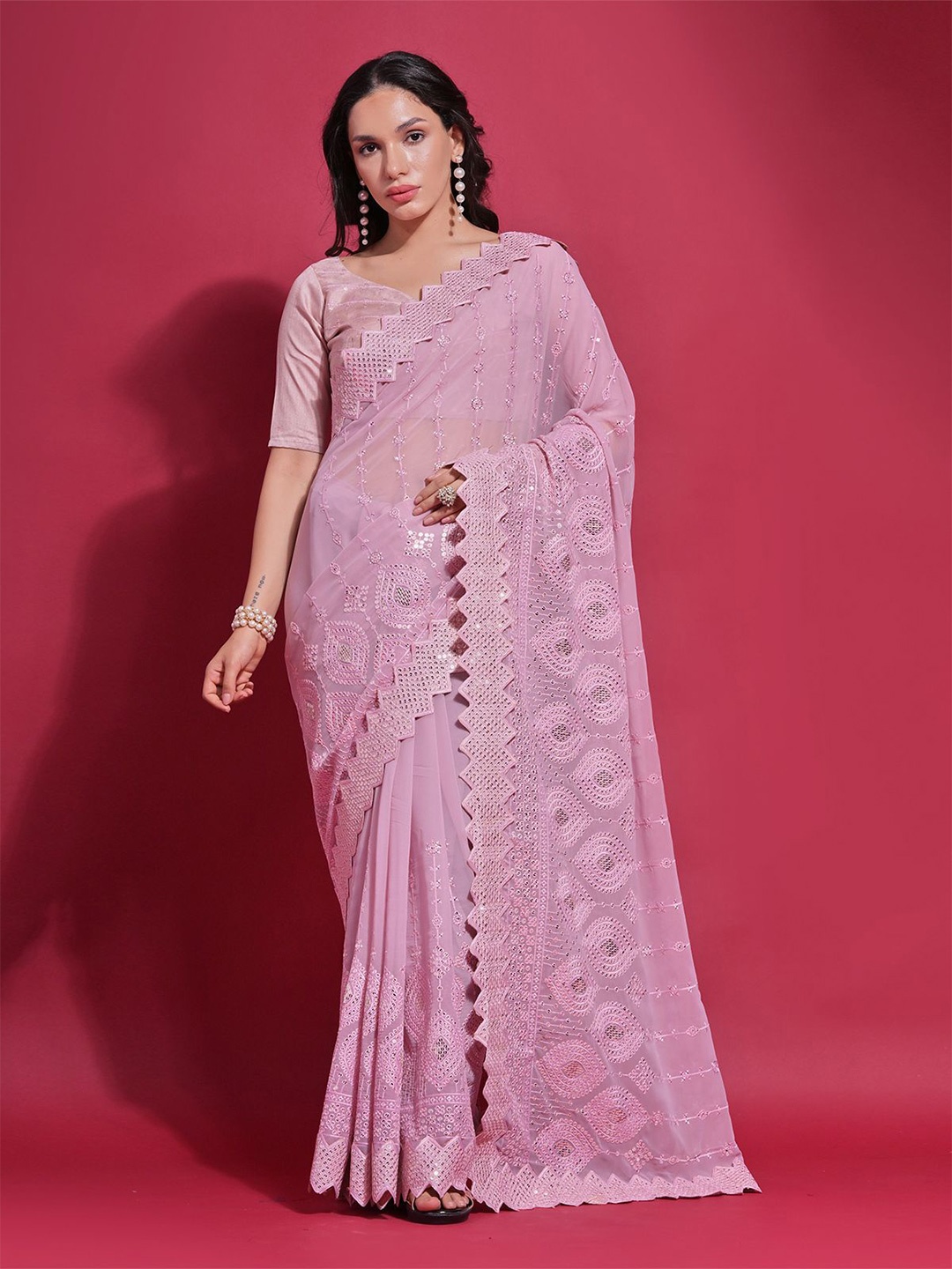 

ODETTE Ethnic Motifs Sequinned Poly Georgette Saree, Pink