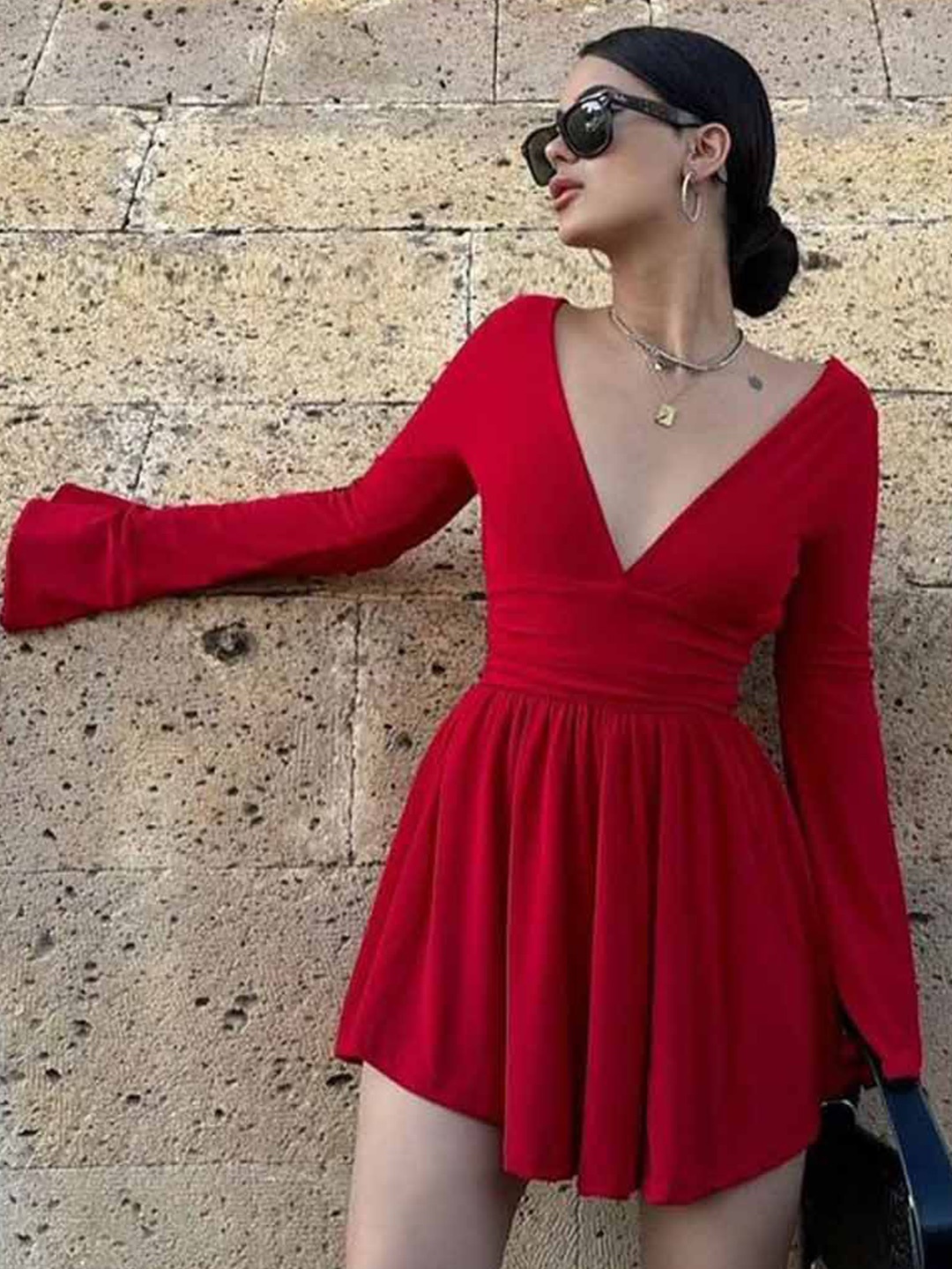 

StyleCast V neck Above knee Length fit & flare Dress, Red