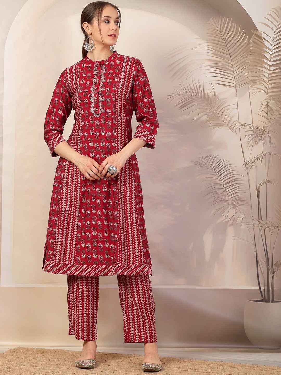 

Nayam By Lakshita Floral Printed Mandarin Collar Straight Kurti With Palazzo, Maroon