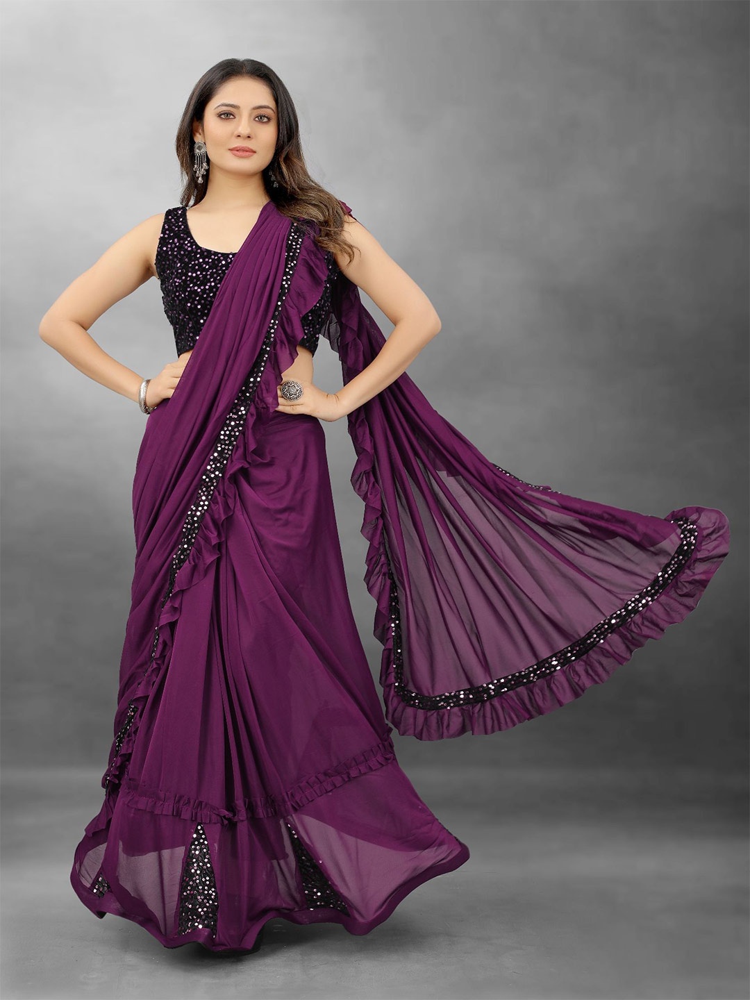 

Aika Sequinned Ruffled Saree, Purple