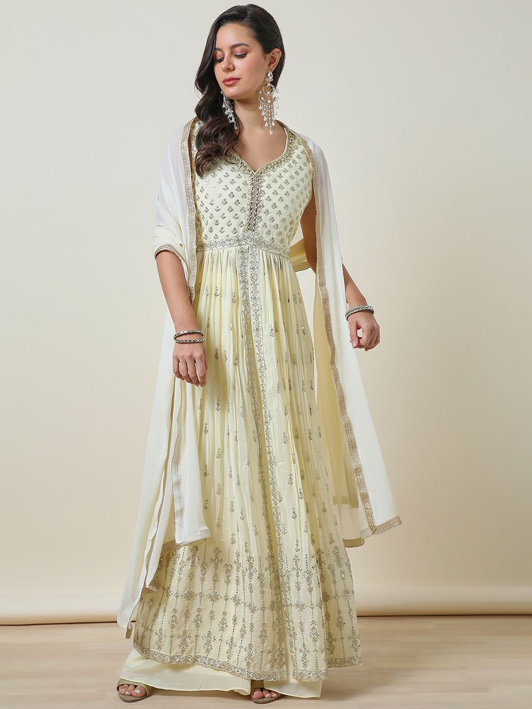 

Soch Floral Printed Empire Sequinned Anarkali Kurta with Palazzos & Dupatta, Cream