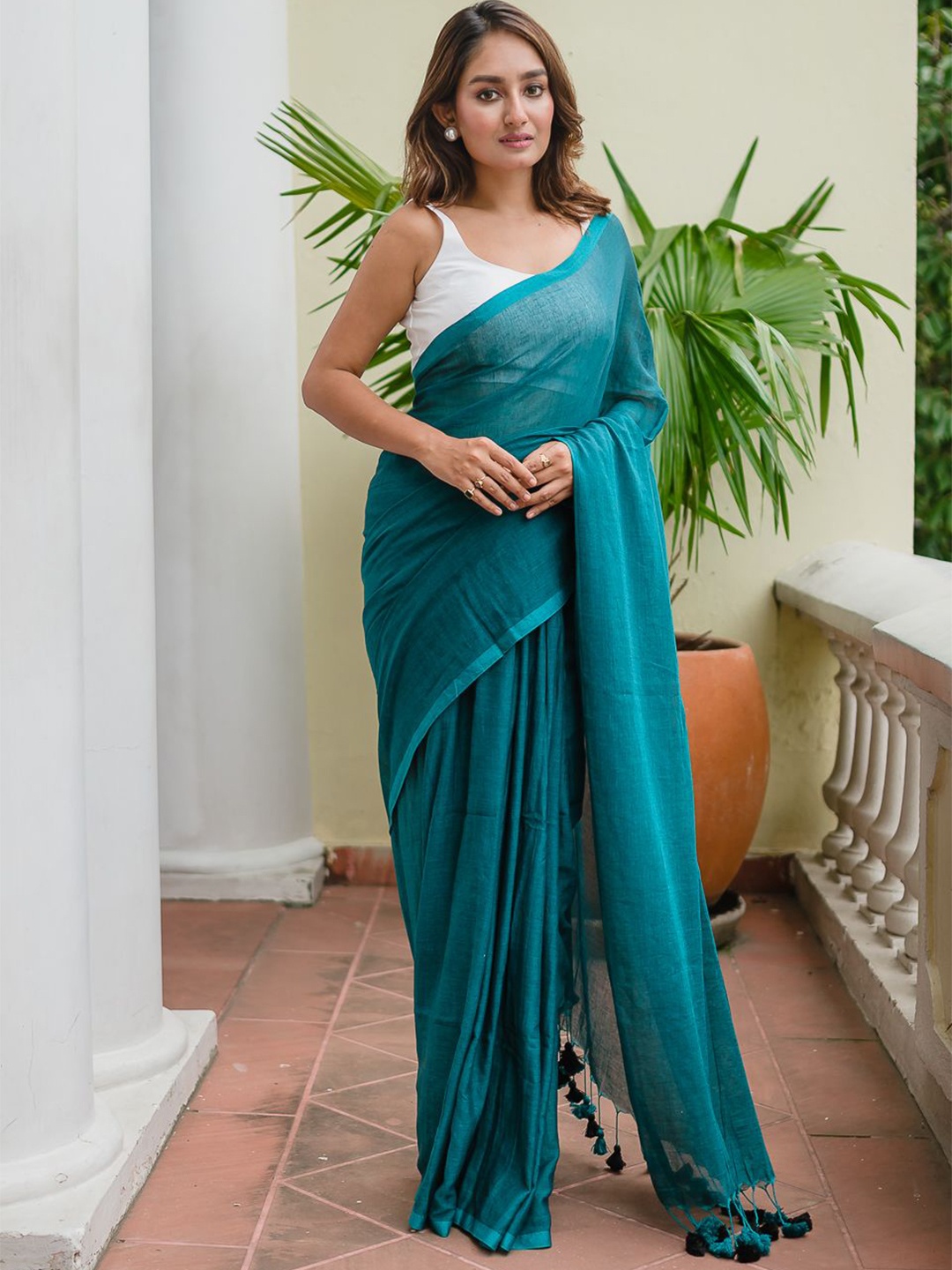 

RODDUR Pure Cotton Saree, Turquoise blue