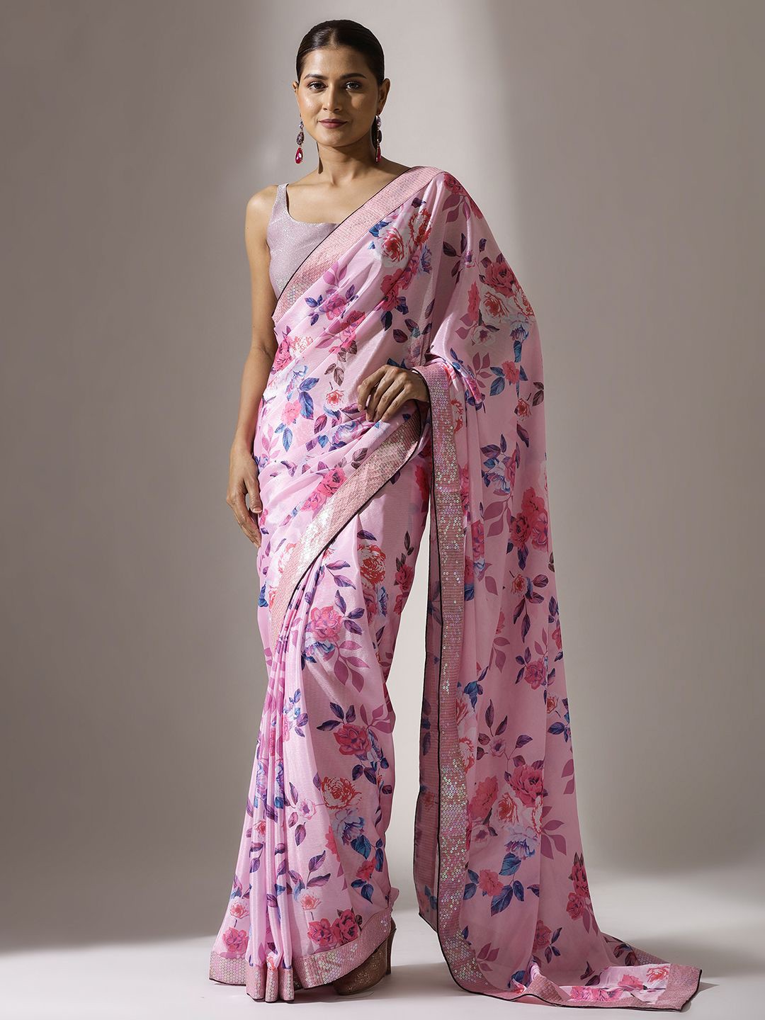 

Qahal Floral Sequinned Poly Chiffon Saree, Pink