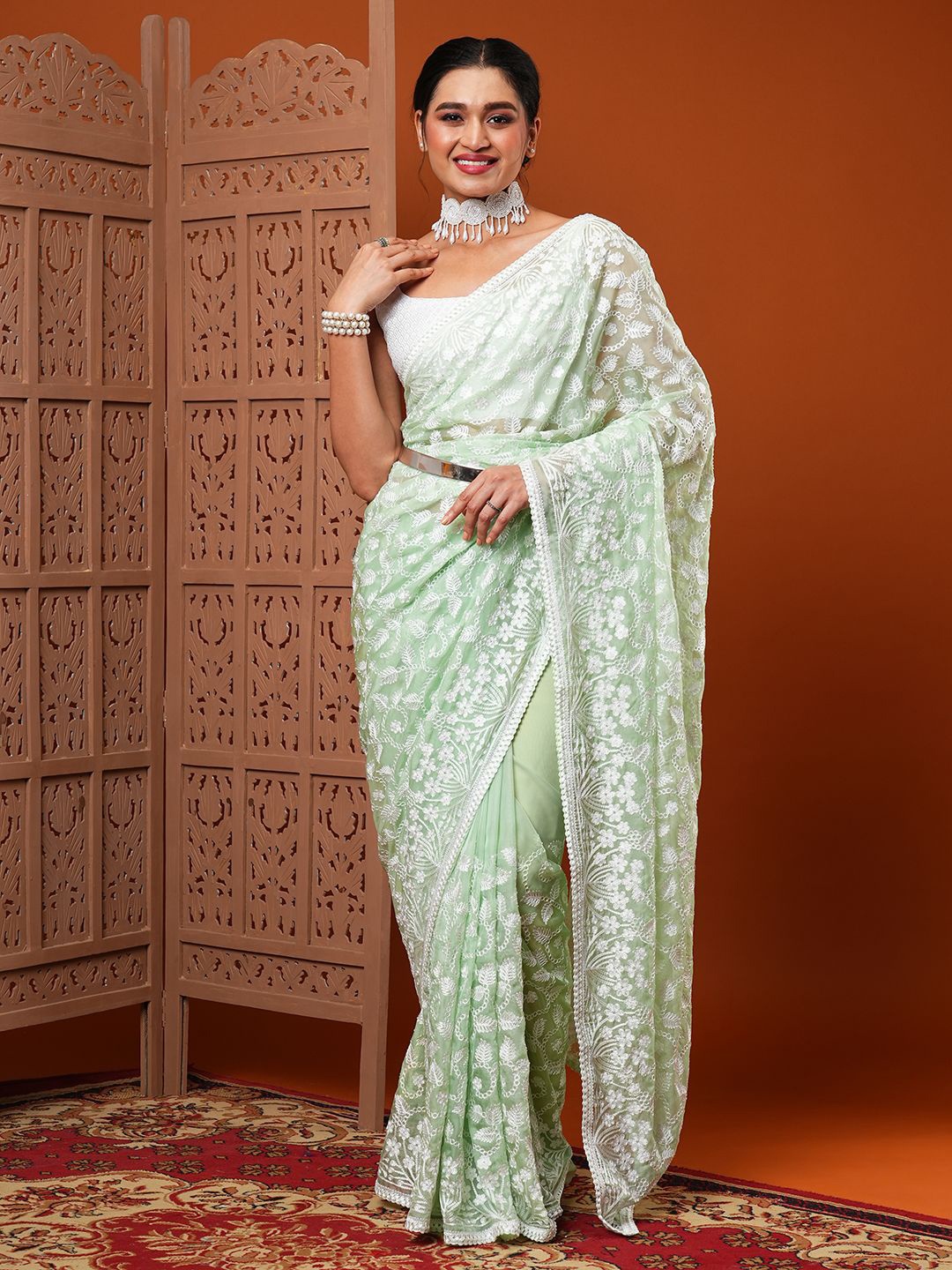 

KALINI Floral Embroidered Organza Saree, Sea green