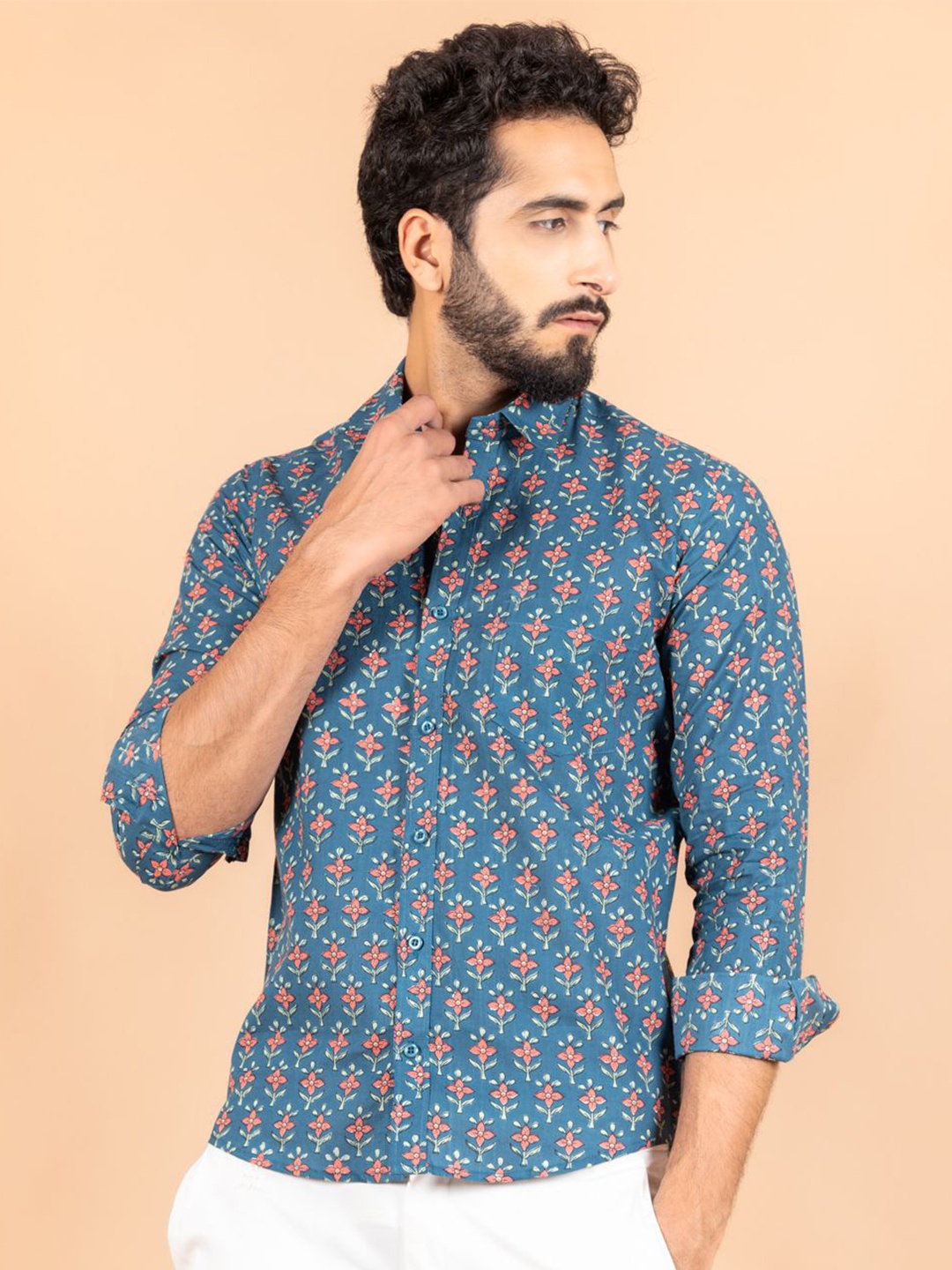 

Tistabene Men Standard Spread Collar Floral Printed Cotton Casual Shirt, Blue