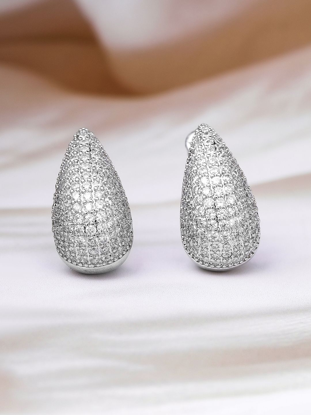 

Rubans Rhodium Plated Sparkling AD & Cubic Zirconia Studded Teardrop Earrings, Silver