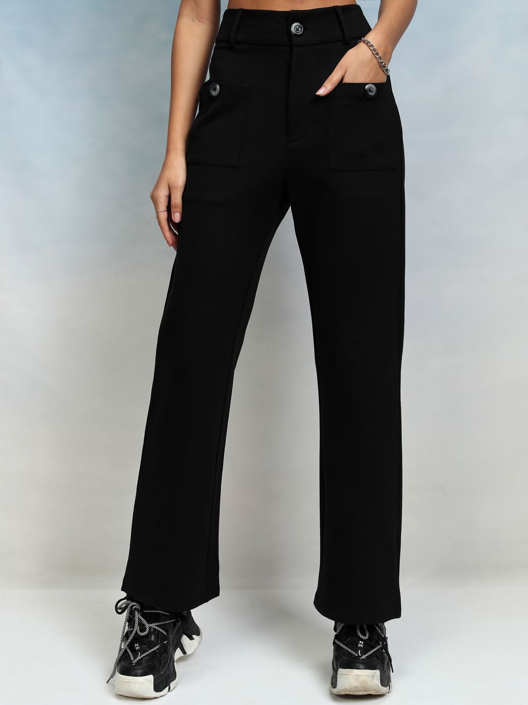 

Tokyo Talkies Women Mid-Rise Straight Fit Trousers, Black