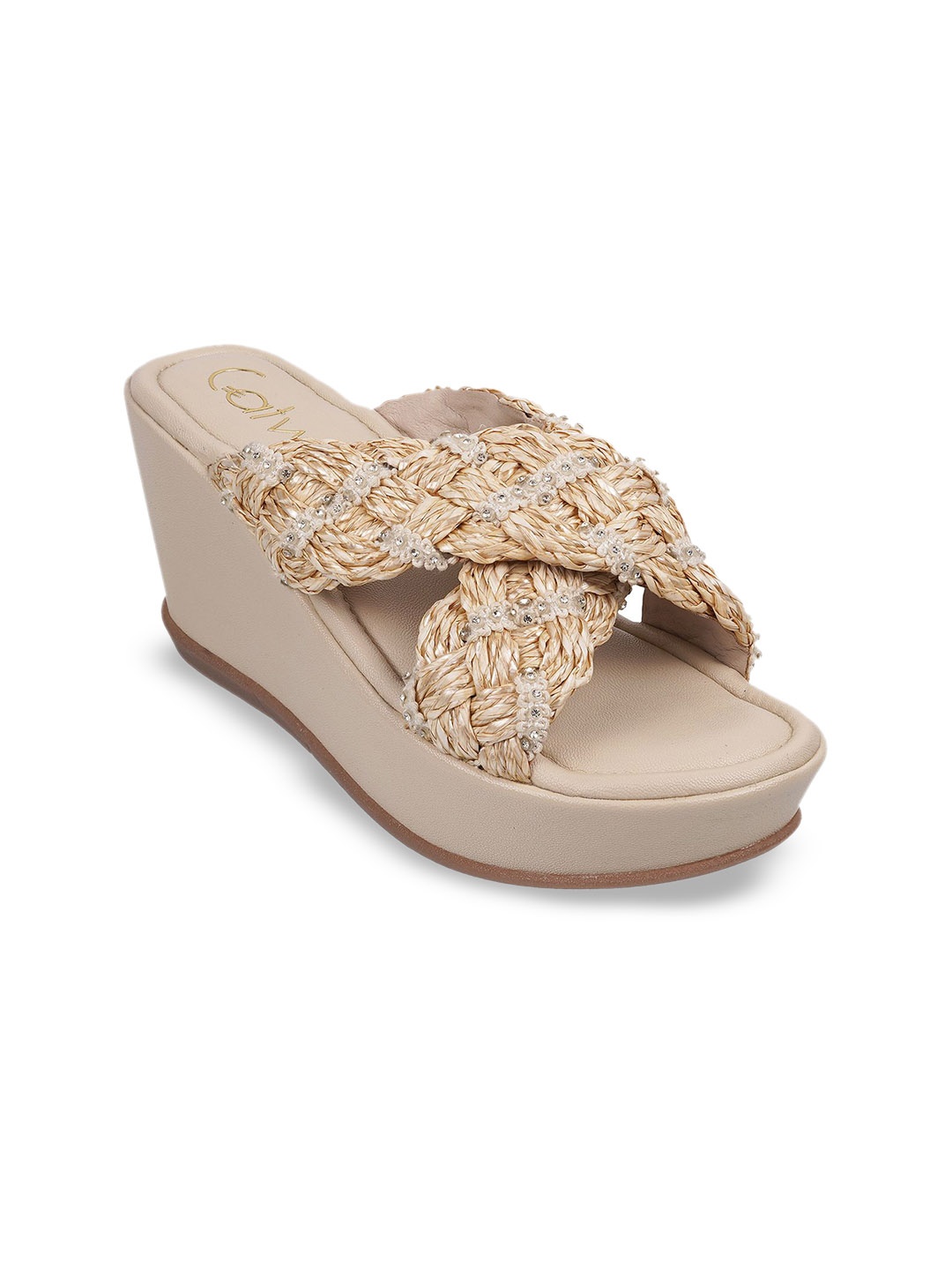 

Catwalk Embellished Wedge Mules, Beige