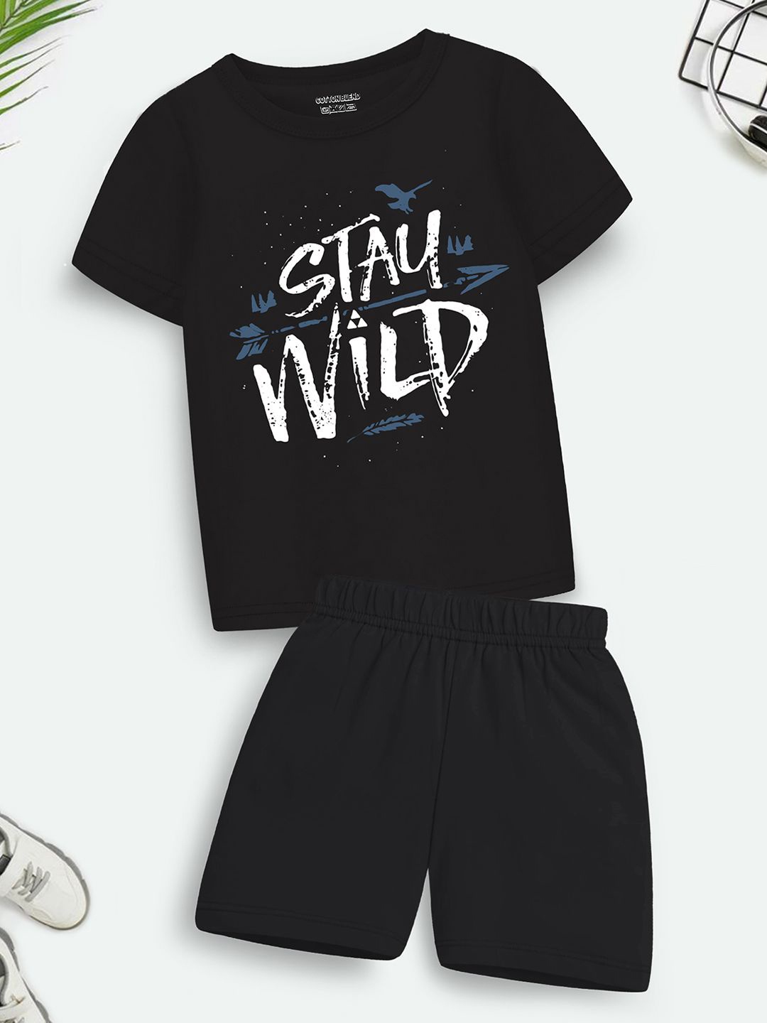 

YK X Trampoline Kids Printed Round Neck T-shirt With Shorts, Black