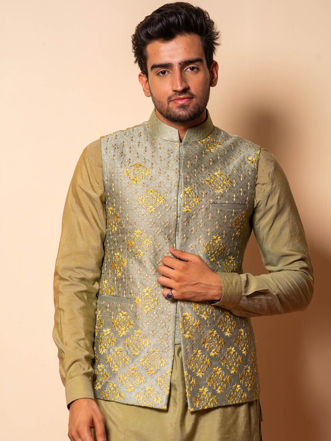 

Ayush Jain Embroidered Woven Nehru Jackets, Green
