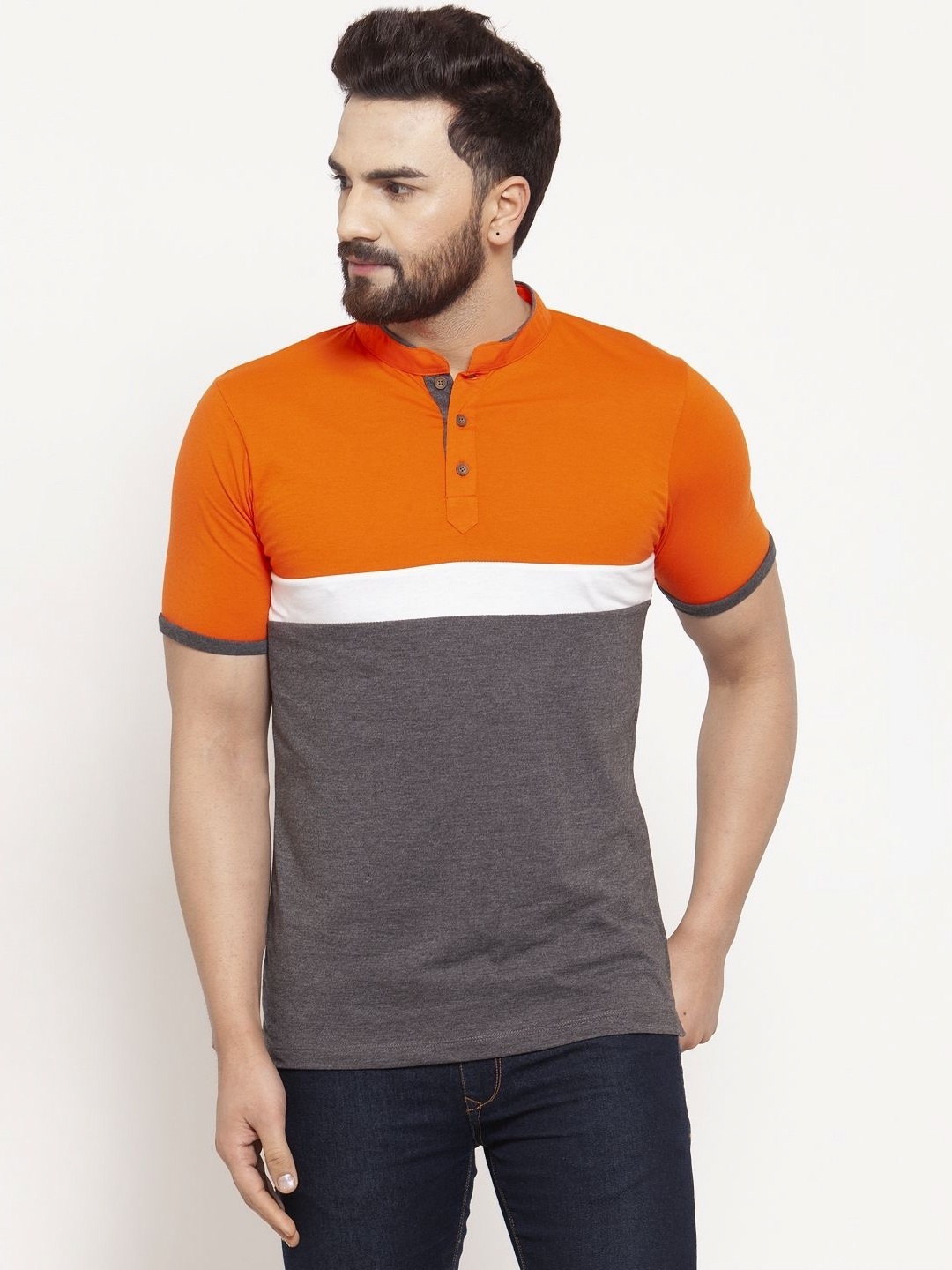 

Kalt Men Colourblocked Mandarin Collar Cotton T-Shirt, Orange