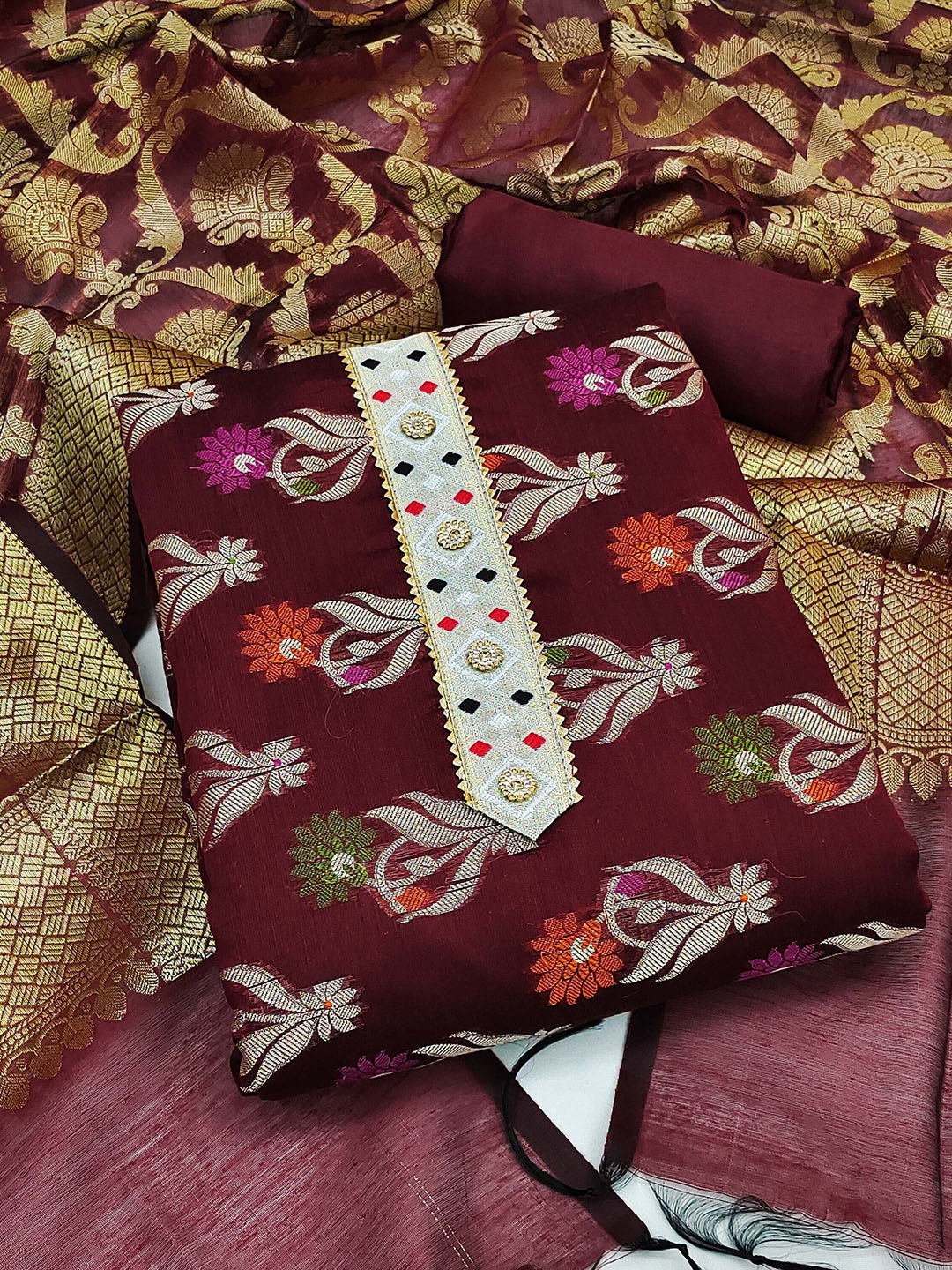 

Ishin Floral Woven Design Zari Unstitched Dress Material, Magenta