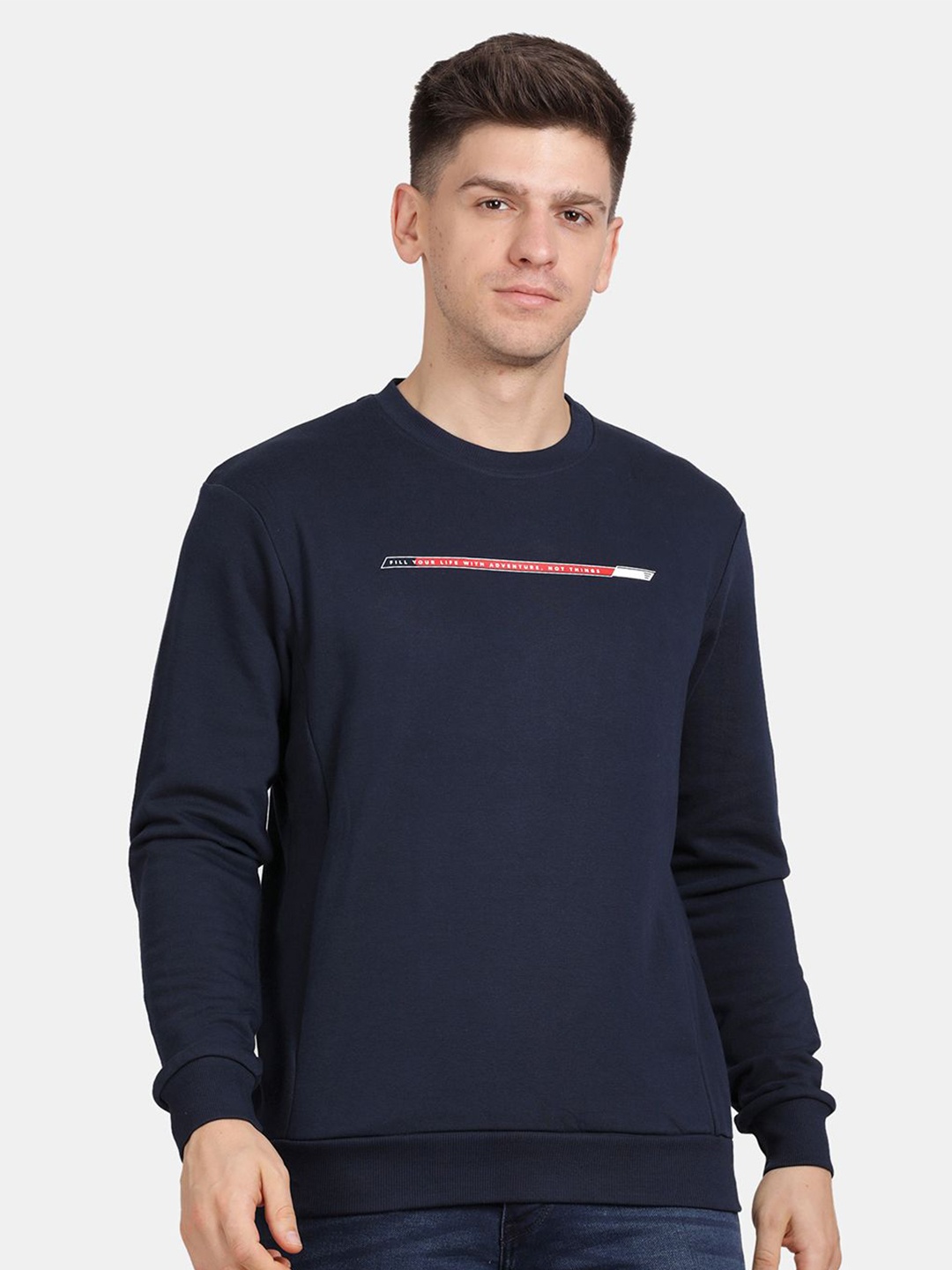 

t-base Men Typography Printed Sweatshirt, Navy blue