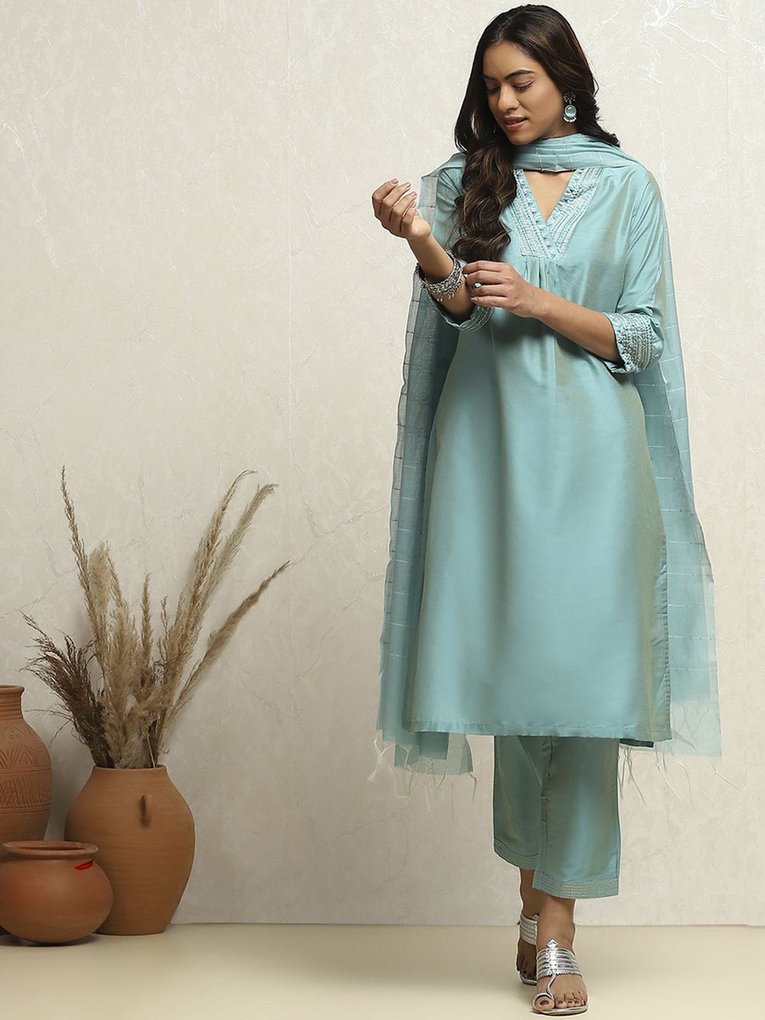 

Biba Geometric Yoke Design Straight Kurta With Trouser & Dupatta, Blue