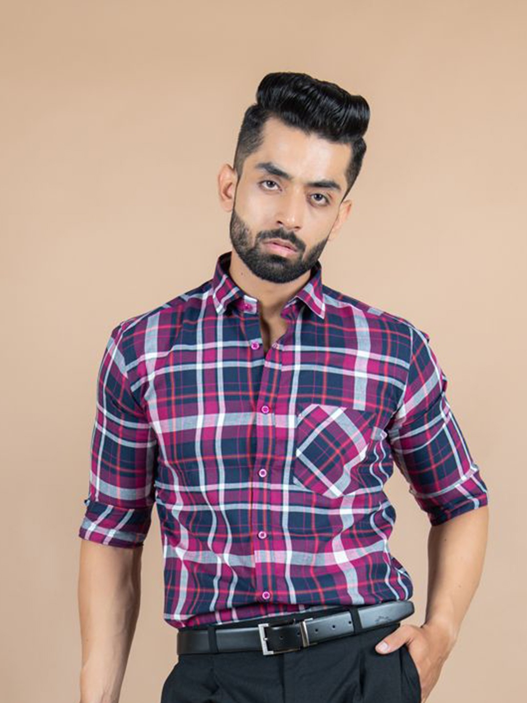 

Tistabene Men Standard Spread Collar Tartan Checked Cotton Casual Shirt, Pink