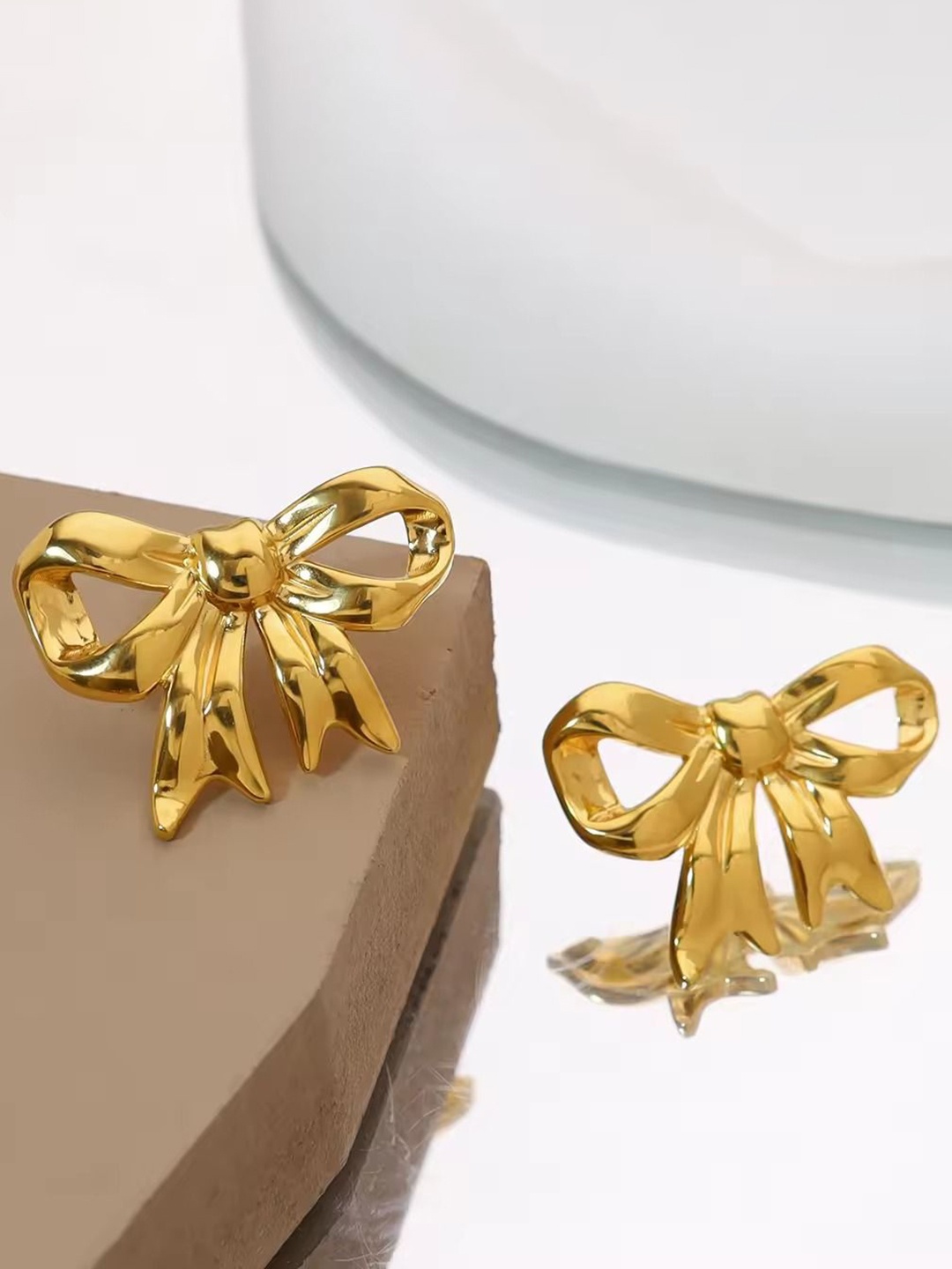 

MEENAZ Stainless Steel Bow Shaped Chunky Studded Earrings, Gold