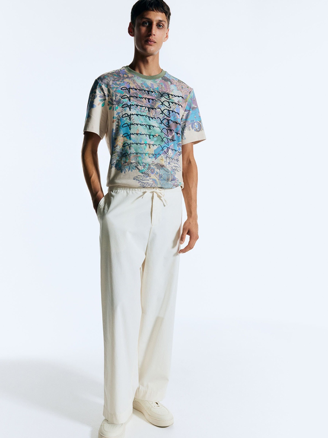 

H&M Embroidered Cotton Pull-On Trousers, White