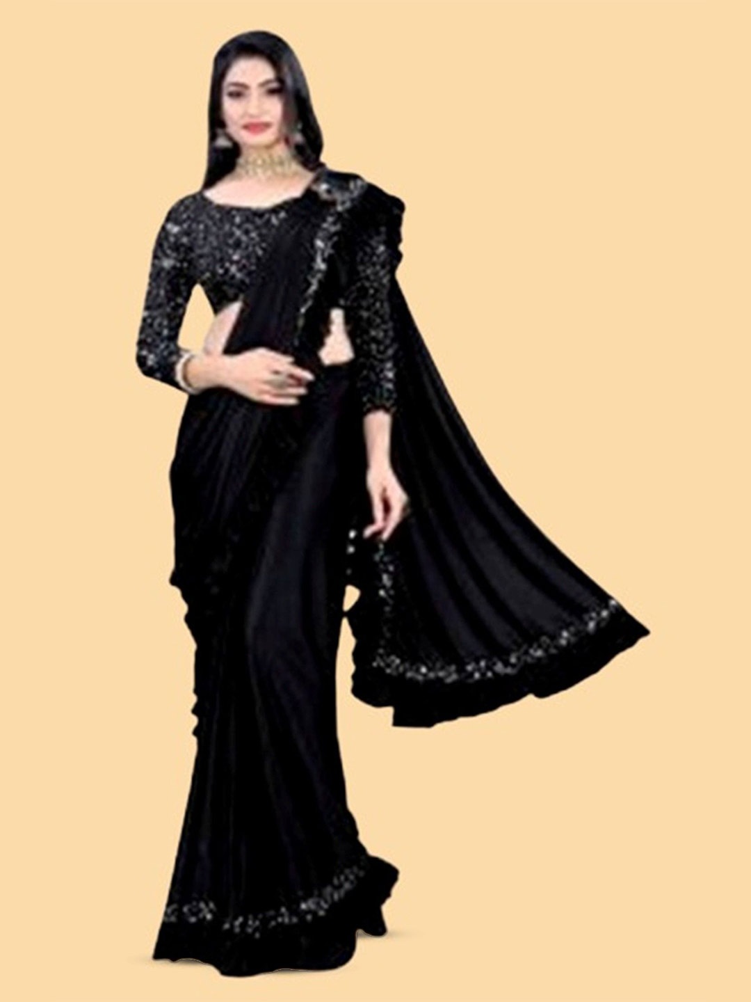 

Aika Women Sequinned Ready to Wear Saree, Black