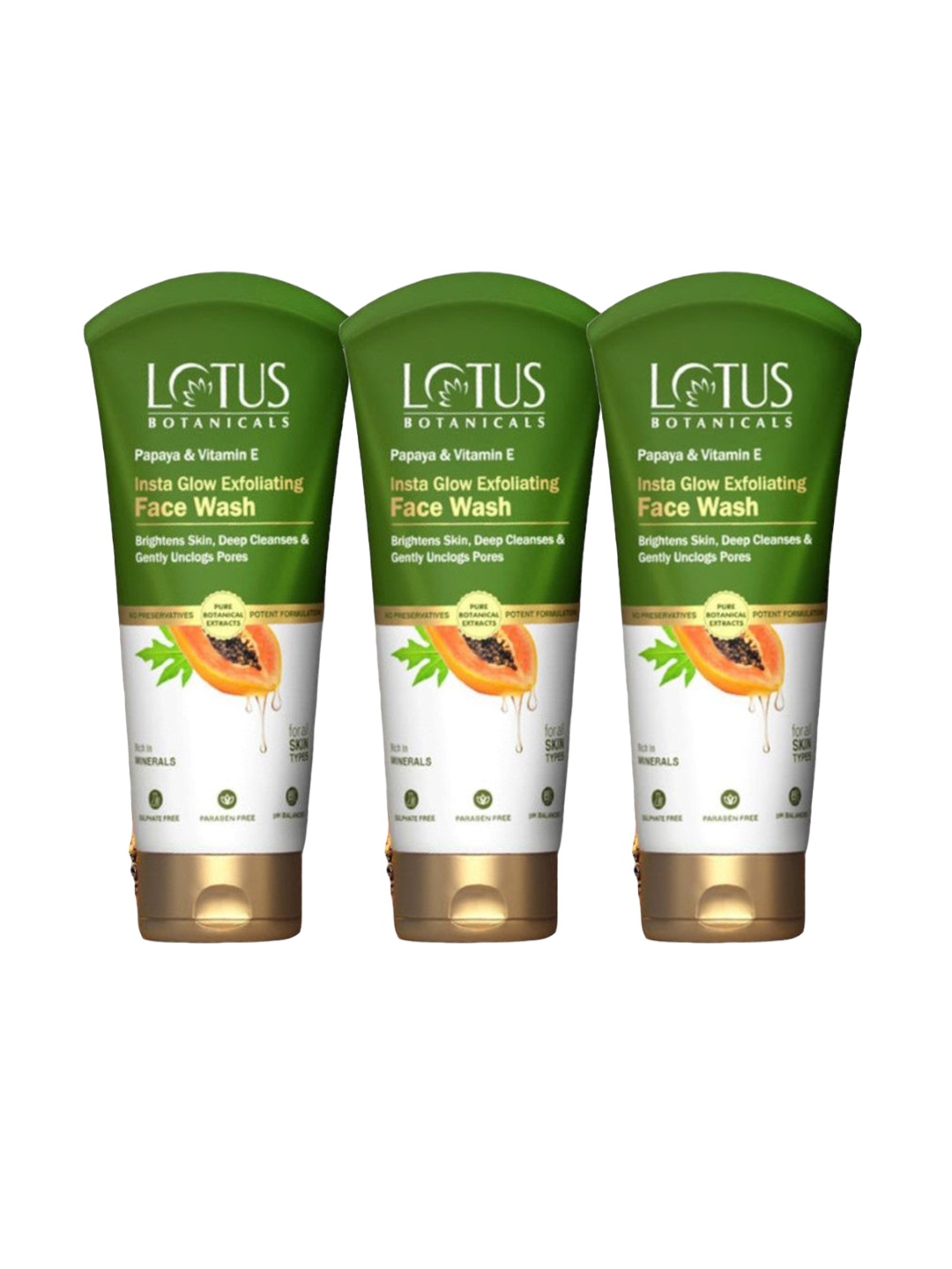 

Lotus Botanicals Set Of 3 Papaya & Vitamin E Insta Glow Exfoliating Face Wash-100ml Each, Green