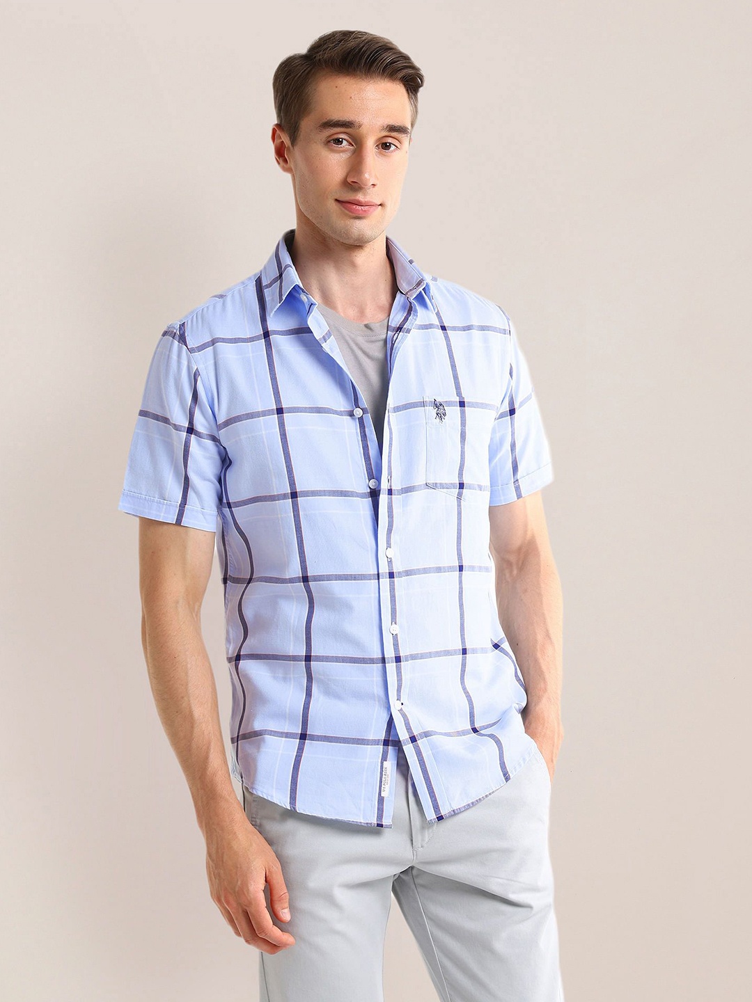 

U.S. Polo Assn. Men Classic Spread Collar Checked Cotton Casual Shirt, Blue