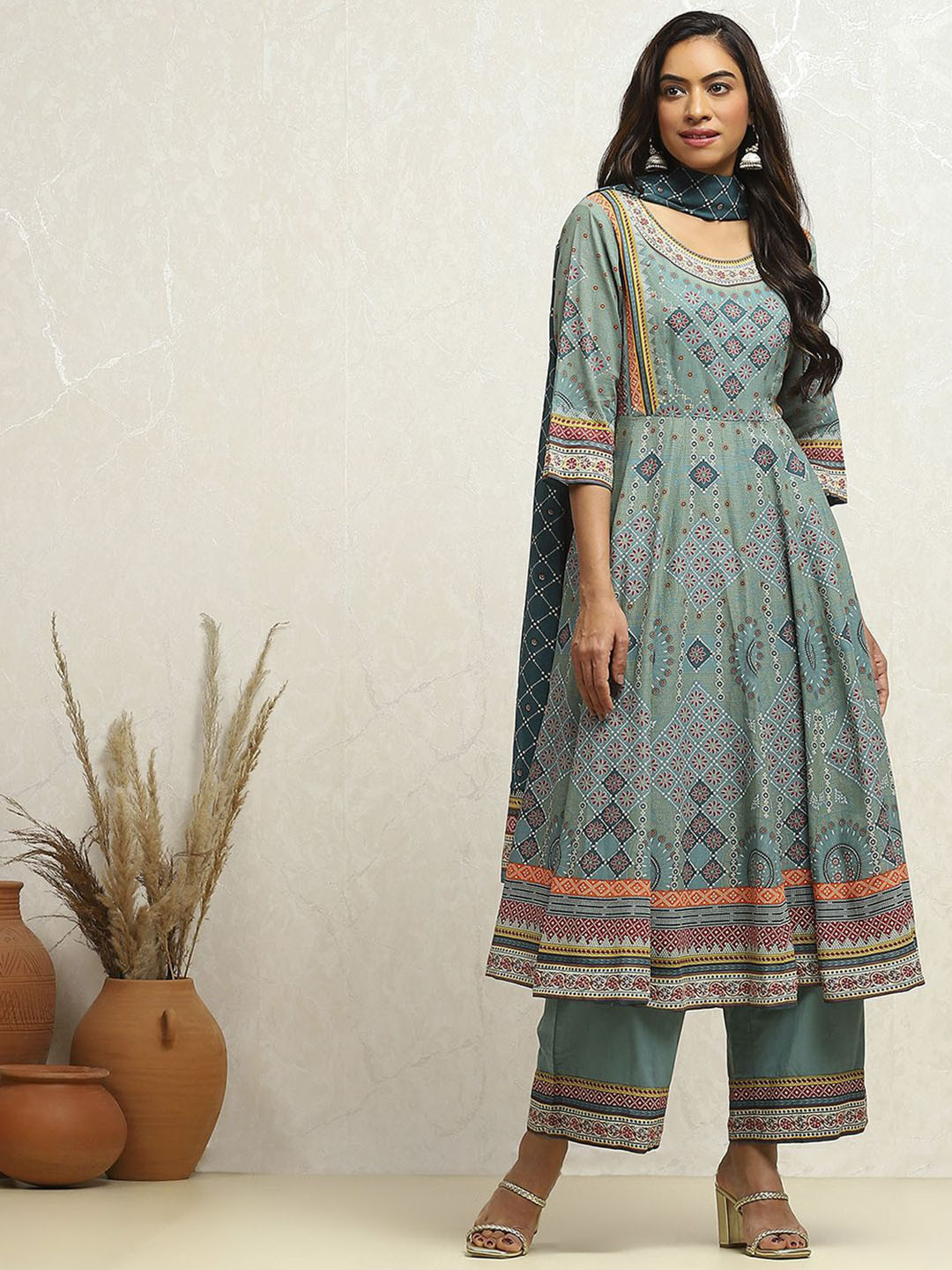 

Biba Ethnic Motifs Printed Pure Cotton Anarkali Kurta With Palazzos & Dupatta, Turquoise blue