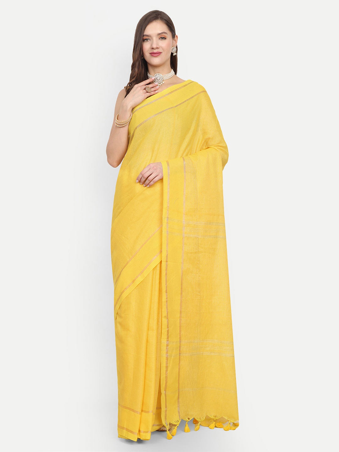 

BENGAL HANDLOOM Striped Art Silk Taant Saree, Yellow