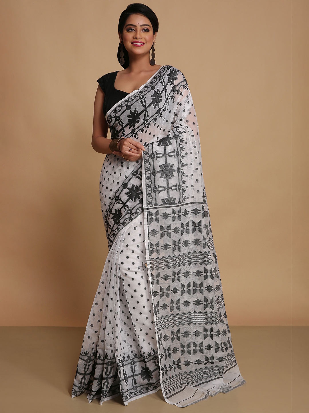 

BENGAL HANDLOOM Polka Dot Art Silk Taant Saree, White