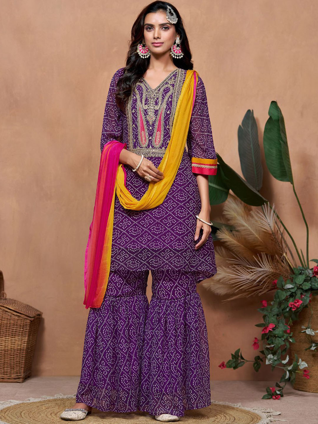 

Sangria Bandhani Embroidered A Line Kurti With Sharara and Dupatta, Purple
